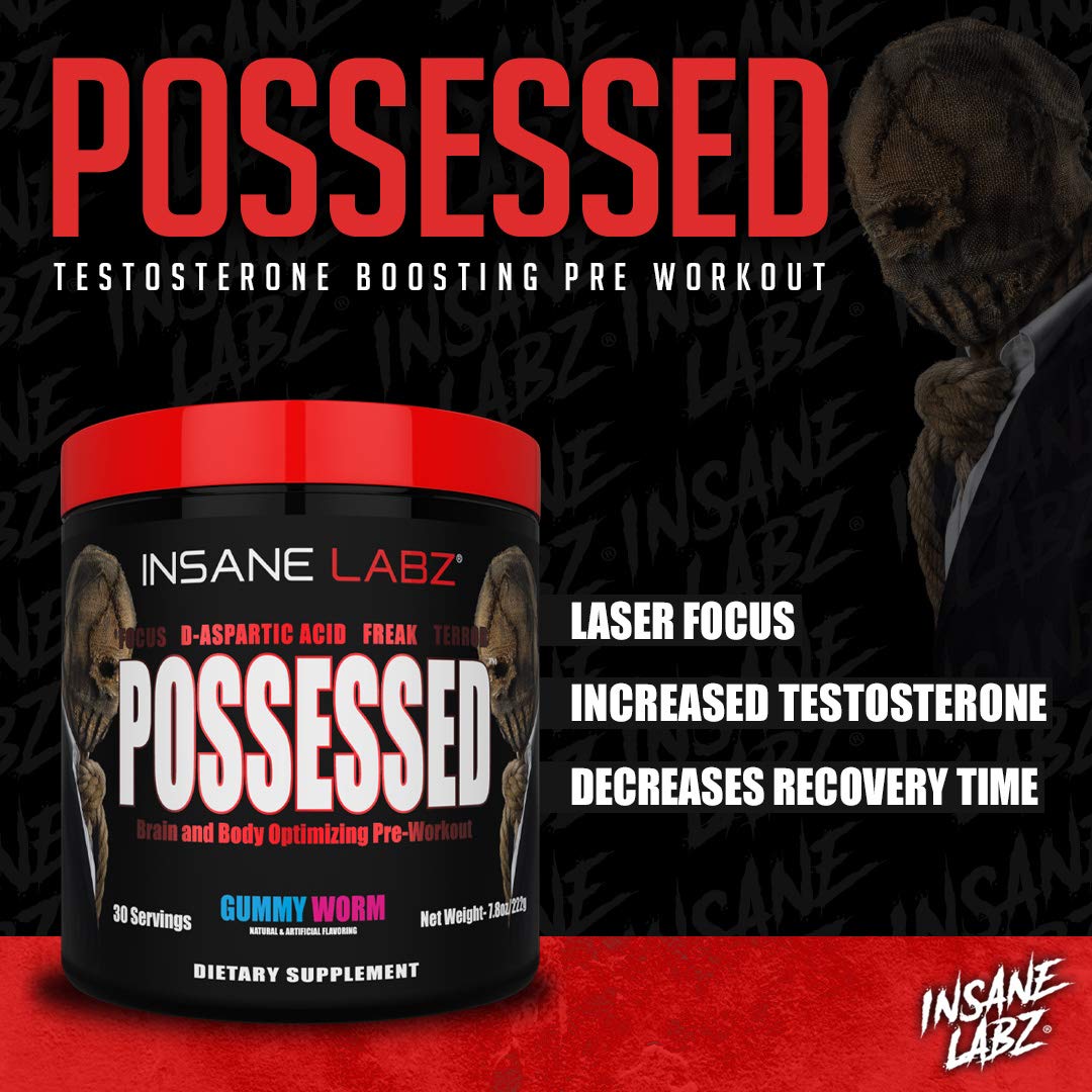 Insane Labz Possessed Low Stimulant Testosterone Boosting Pre Workout Powder, Loaded with D Aspartic Acid and Creatine Fueled by AMPiberry and OXYgold, 30 Srvgs, Gummy Worm