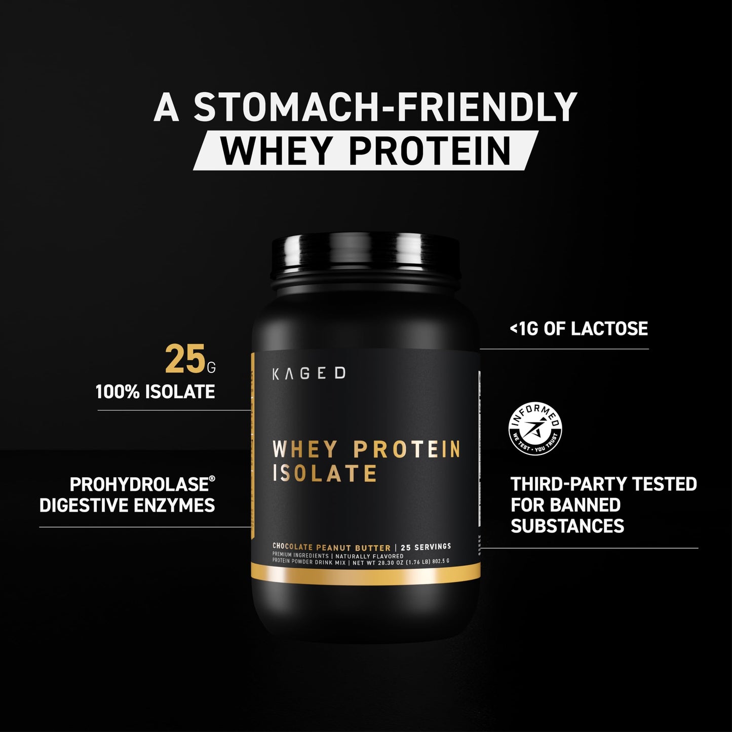Kaged Whey Protein Isolate Powder, PB Chocolate, 100% Pure Low Lactose Whey, Post Workout Recovery Drink, Support Muscle-Building, 25g per Serving, Amazing Taste, Easy Mix for Shake, 25 Serving