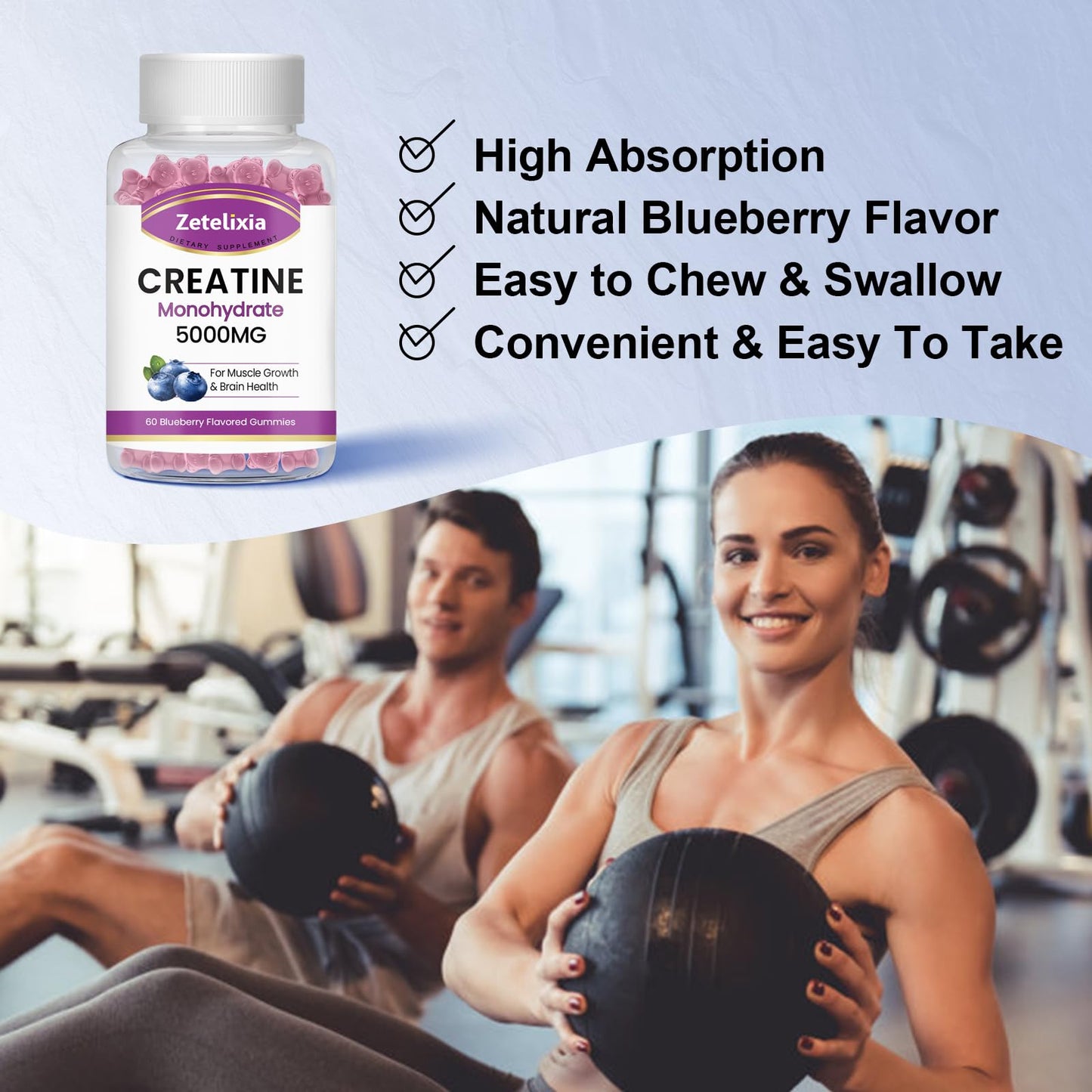 Zetelixia 2 Pack Creatine Monohydrate Gummies 5g for Men & Women, Chewables Creatine Monohydrate for Muscle Strength & Muscle Builder, Vitamin B12 for Energy Support, Blueberry Flavor, 120 Count