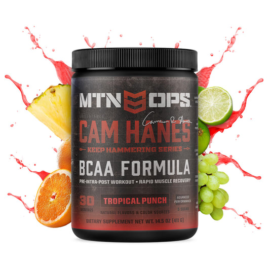 MTN OPS BCAA Powder, 2:1:1 Amino Acids Supplement Powder for Rapid Muscle Recovery & Repair with Zero Sugar & Gluten Free - 30-Serving Tub Tropical Punch Flavor, Cameron Hanes Keep Hammering Series
