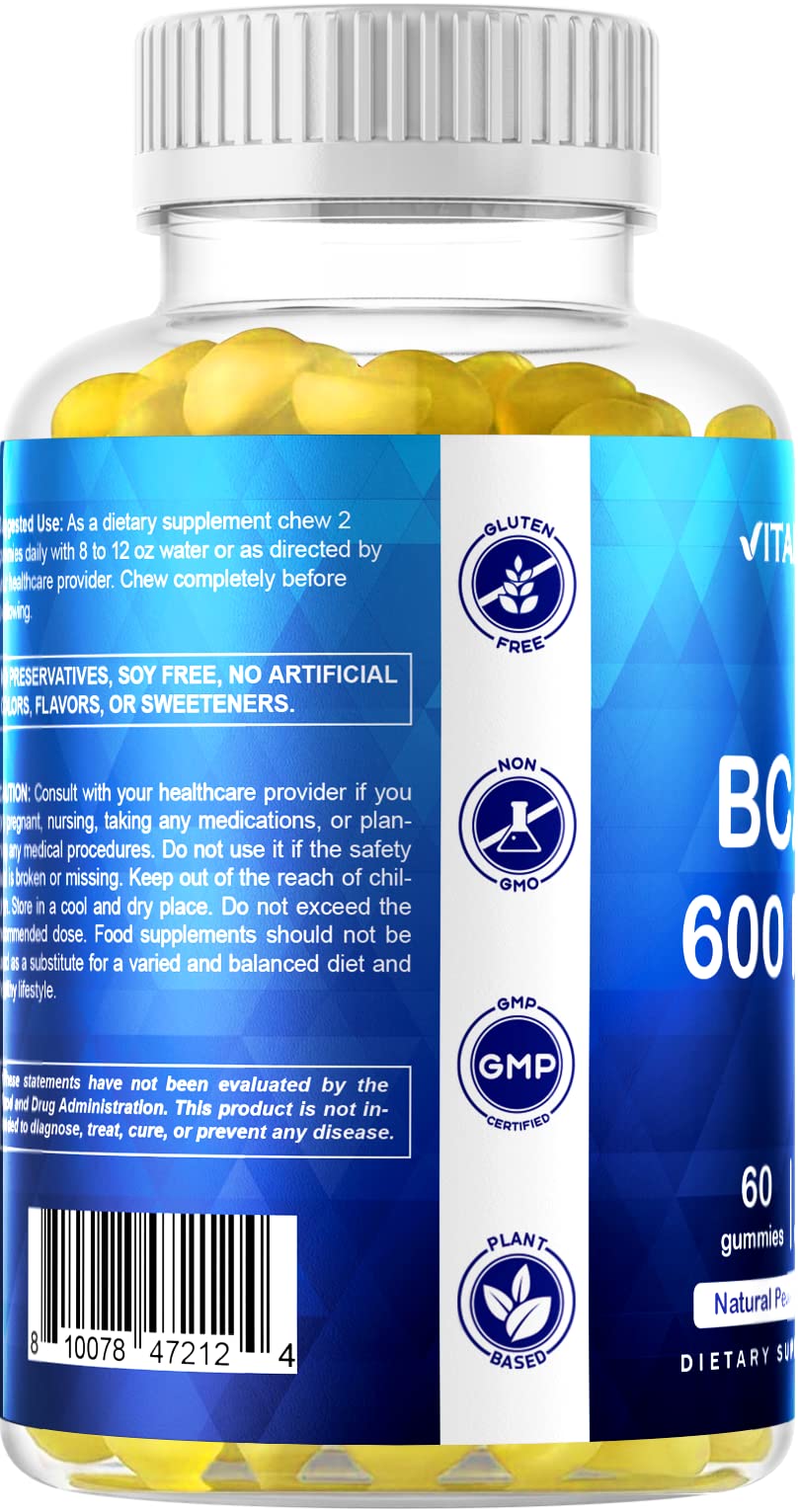 Vitamatic BCAA Gummies - Branch Chain Amino Acid Supplements - Peach Flavor - 600mg per Serving - 60 Vegan Pectin Based Gummies (1 Bottle)