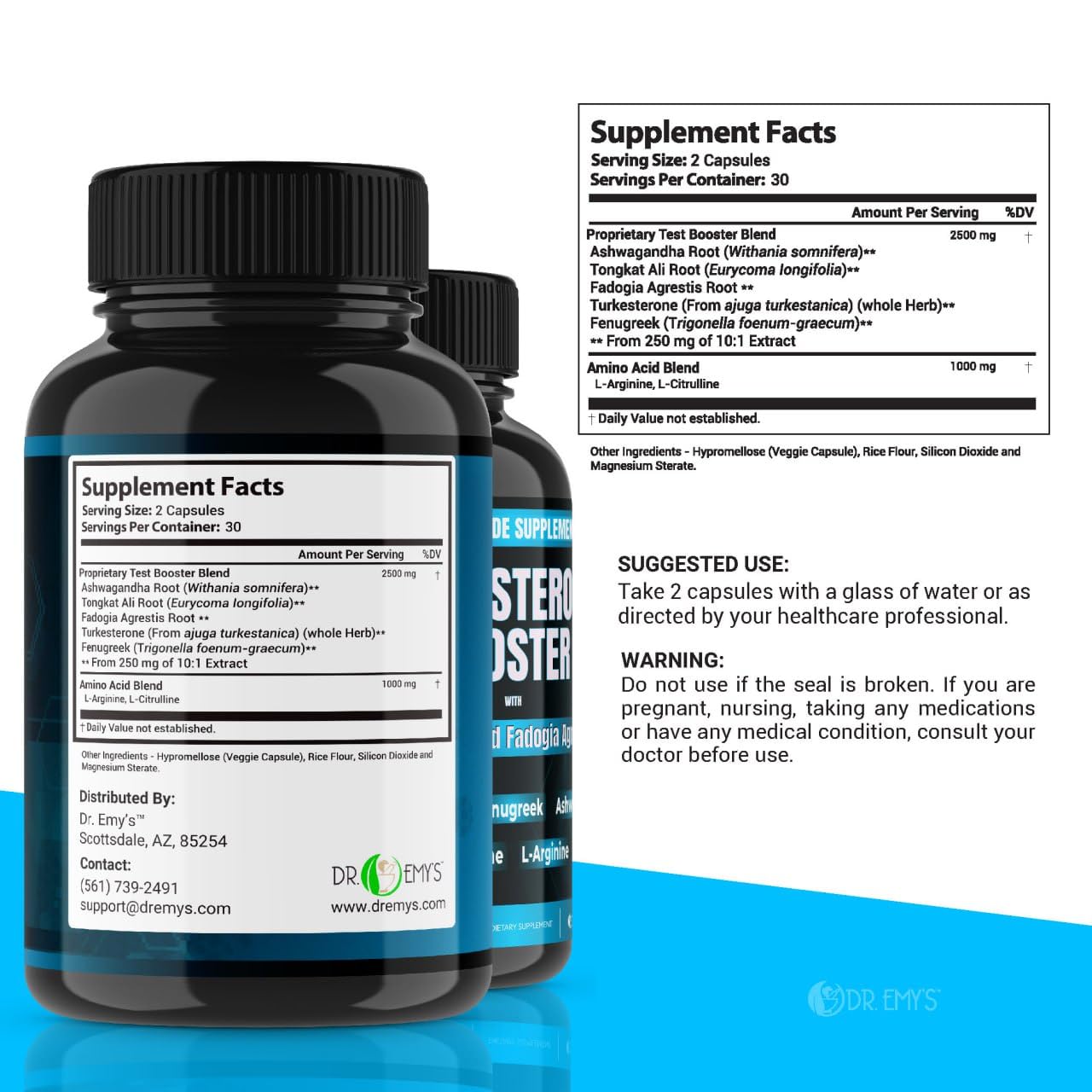 Dr. Emy's (1 Pack Testosterone Booster-Tongkat Ali Fadogia Agrestis Nitric Oxide Ashwagandha Supplement for Men with L Arginine Citrulline Fenugreek - Turkesterone Pre Workout Pump (60 Capsules)