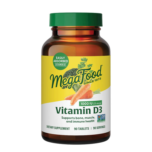 MegaFood Vitamin D3 1000 IU (25 mcg) - Vitamin D Supplements with Real Food, Immune Support, Supports Bones, Teeth & Muscles, Vegetarian, Gluten-Free, Non-GMO, Kosher - 90 Tablets, 90 Servings