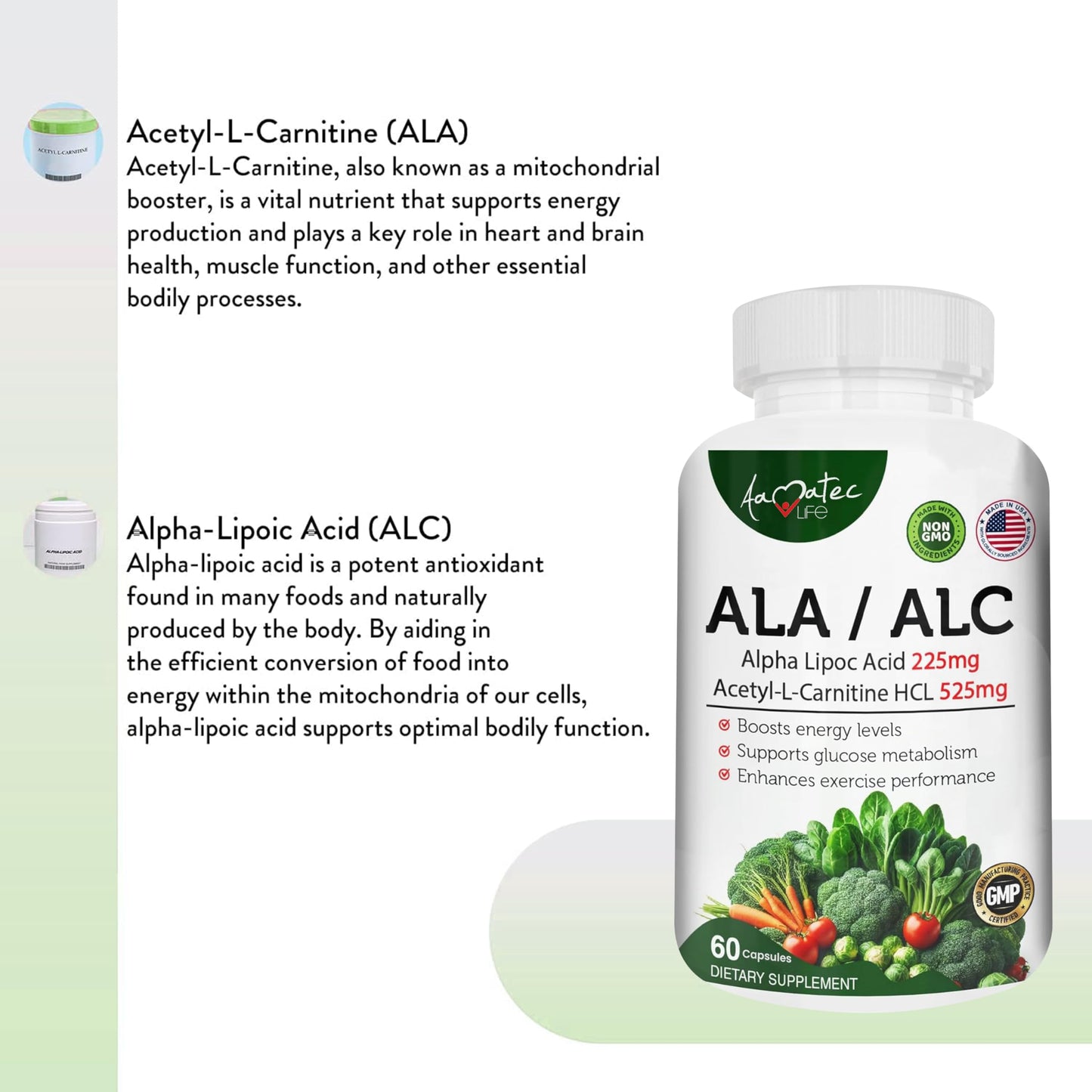 AAMATEC LIFE ALA/ALC High Potency Formula- Best Alpha Lipoic Acid and Acetyl-L-Carnitine HCl Dietary Supplement- Antioxidant Support- Energy Boost- for Men and Women 60 Capsules
