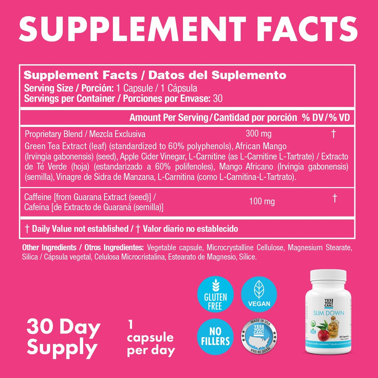 Yes You Can! Slim Down Dietary Supplements - with African Mango, L-Carnitine, Apple Cider Vinegar, Green Tea Extract, and Caffeine derived from Guarana Seed Extract, 30 Capsules/1 Month Supply
