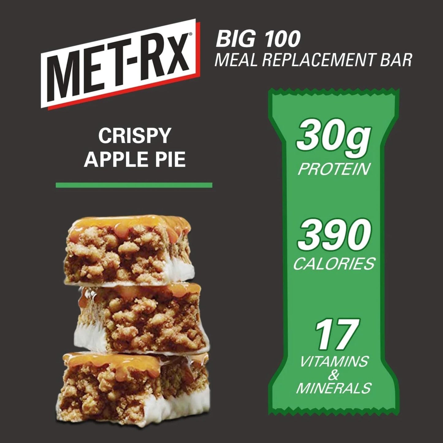 Meal Replacement Bars ~ MET RX ~ Big 100 Colossal Protein Bars ~ Crispy Apple Pie ~ 3.52 oz. ea, (8 bars Total) meal replacement (2 Boxes) Bundled With 2 White Sweat WristBands +GrisaBox (2 Count (Pack of 4), Crispy Apple Pie)