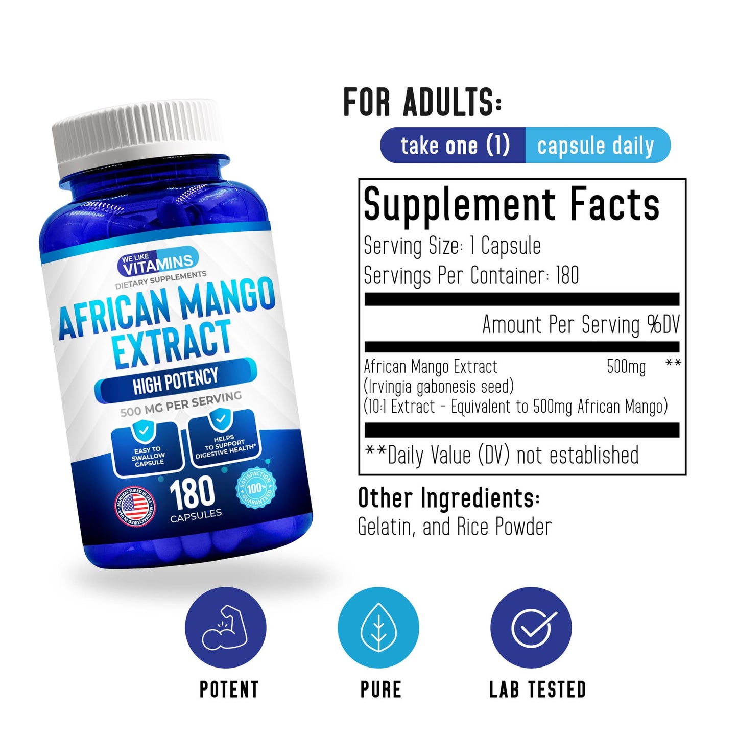 We Like Vitamins African Mango 500mg - 5000mg Equivalent 10:1-180 Capsules - 6 Month Supply of African Mango Capsules - Supports Metabolism of Fat and Digestive Health