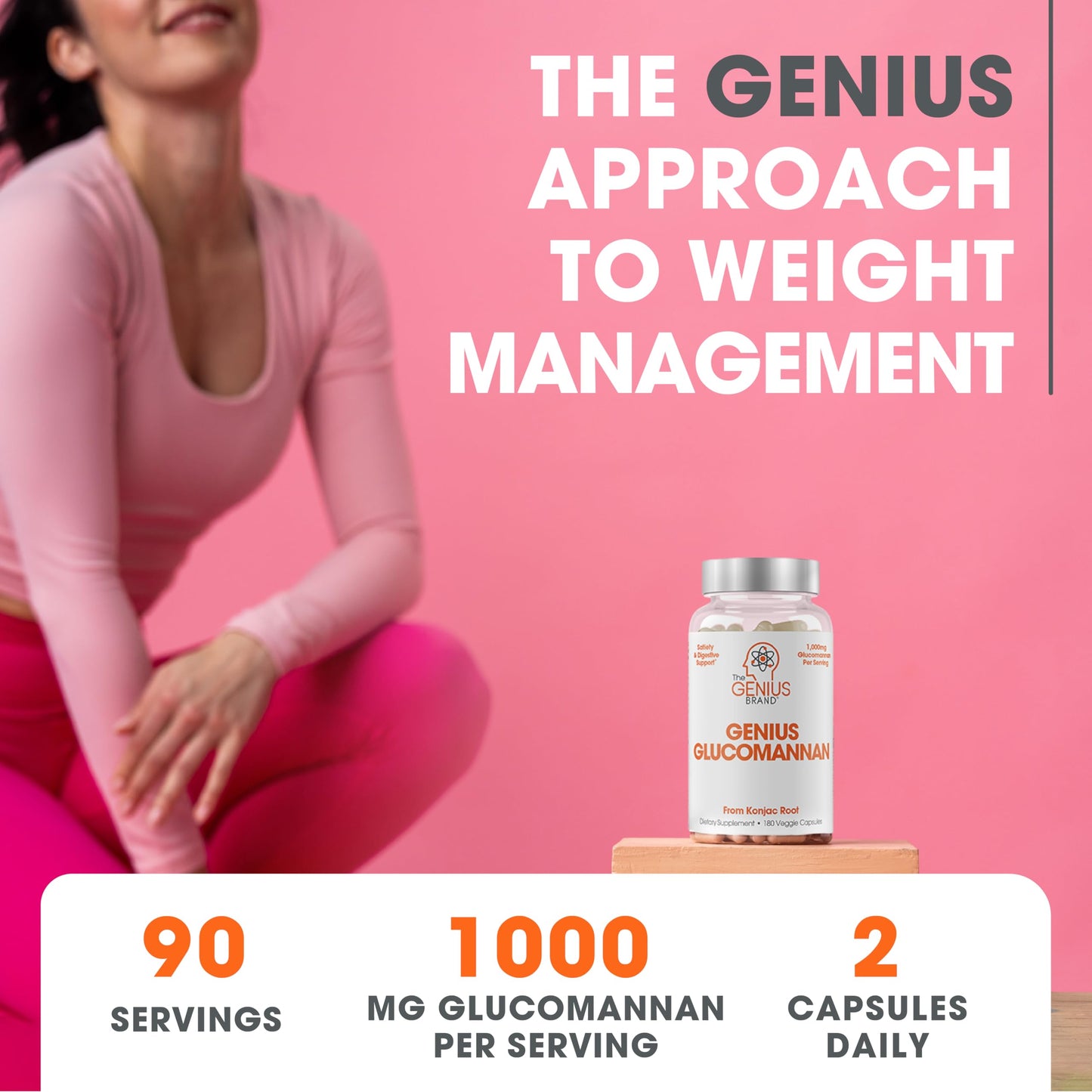 The Genius Brand - Genius Glucomannan 1,000mg Per Serving, 180 Capsules - Natural Fiber Source, Supports Regularity, Healthy Weight Management, Digestive Support, Non-GMO, Gluten Free