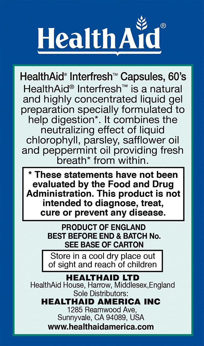 HealthAid Interfresh, 60 Soft Gel Capsules, Twice Daily, Fights Bad Breath and Aids in Digestion and Colon Health, Feel Fresh All Day Long