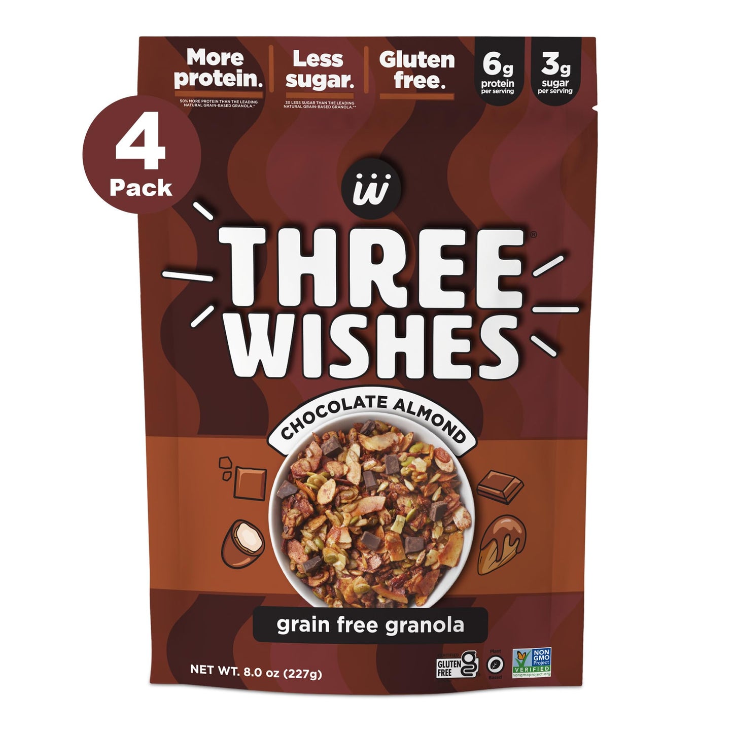Three Wishes Granola Chocolate Almond 4Pack  Gluten Free Granola 6g Protein  3g Sugar Healthy Breakfast  OntheGo Snack  Vegan Kosher  GrainFree