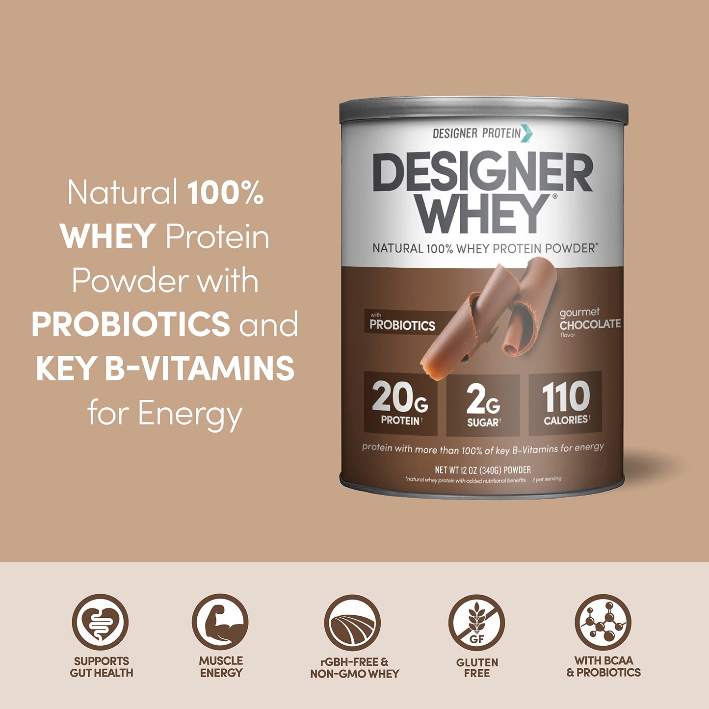 Designer Wellness Designer Whey Natural 100% Whey Protein Powder with Probiotics , Fiber, and Key B-Vitamins for Energy, Gluten-free, Non-GMO, Gourmet Chocolate 12 oz