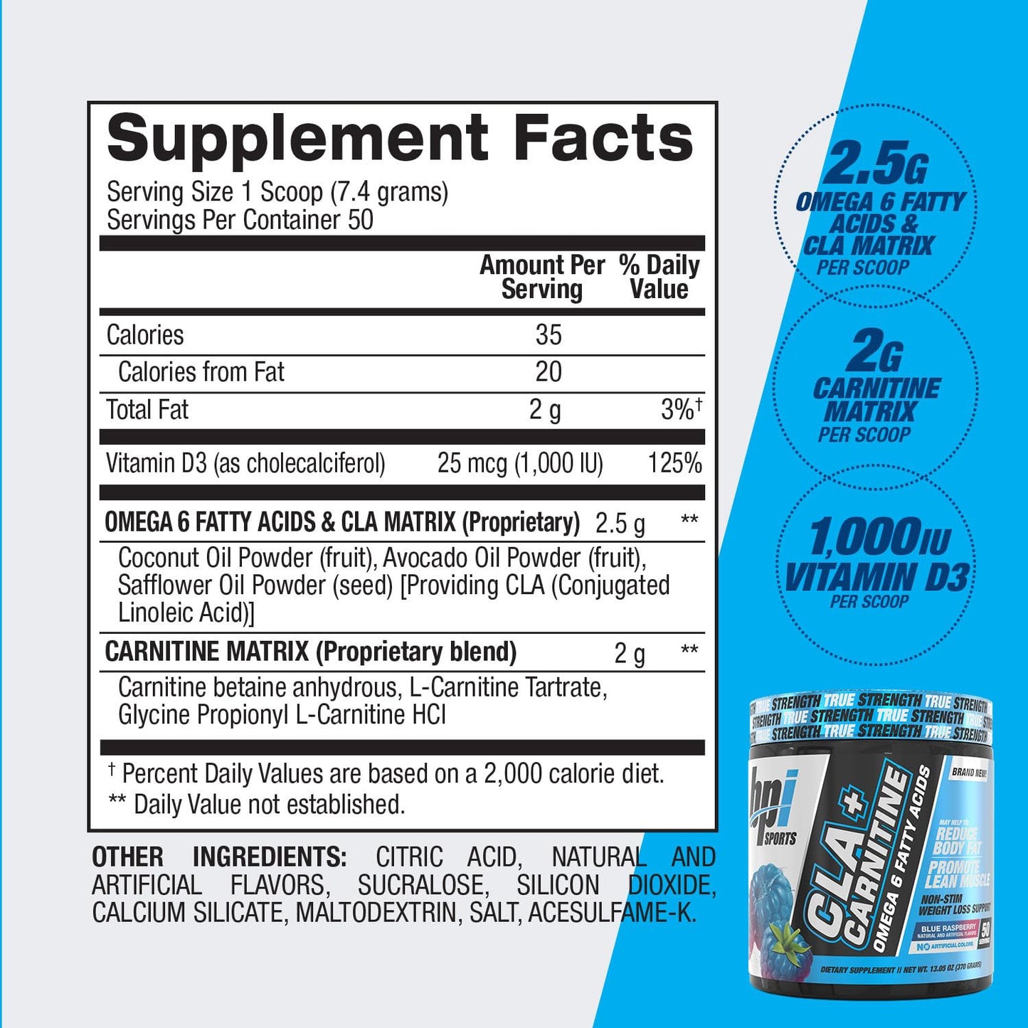 BPI Sports CLA + Carnitine - Conjugated Linoleic Acid - Weight Loss Formula - Metabolism, Performance, Lean Muscle - Caffeine Free - for Men & Women - Blue Raspberry - 50 Servings - 12.34 oz.