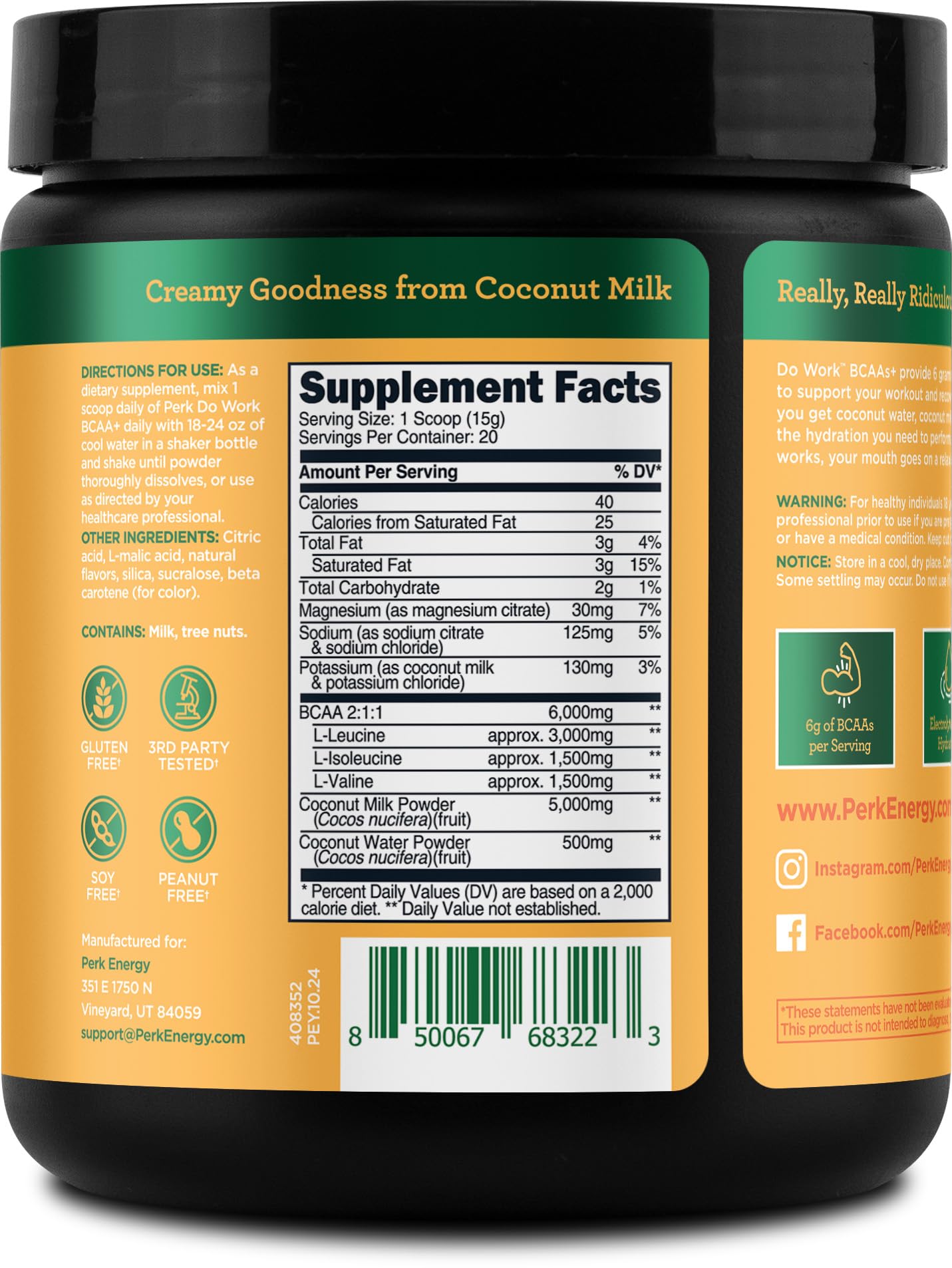 Perk Do Work BCAAs (Tropical Vanilla Créme Flavored, 20 Servings) - BCAA & Hydration Electrolytes Powder with Coconut Water & Coconut Milk