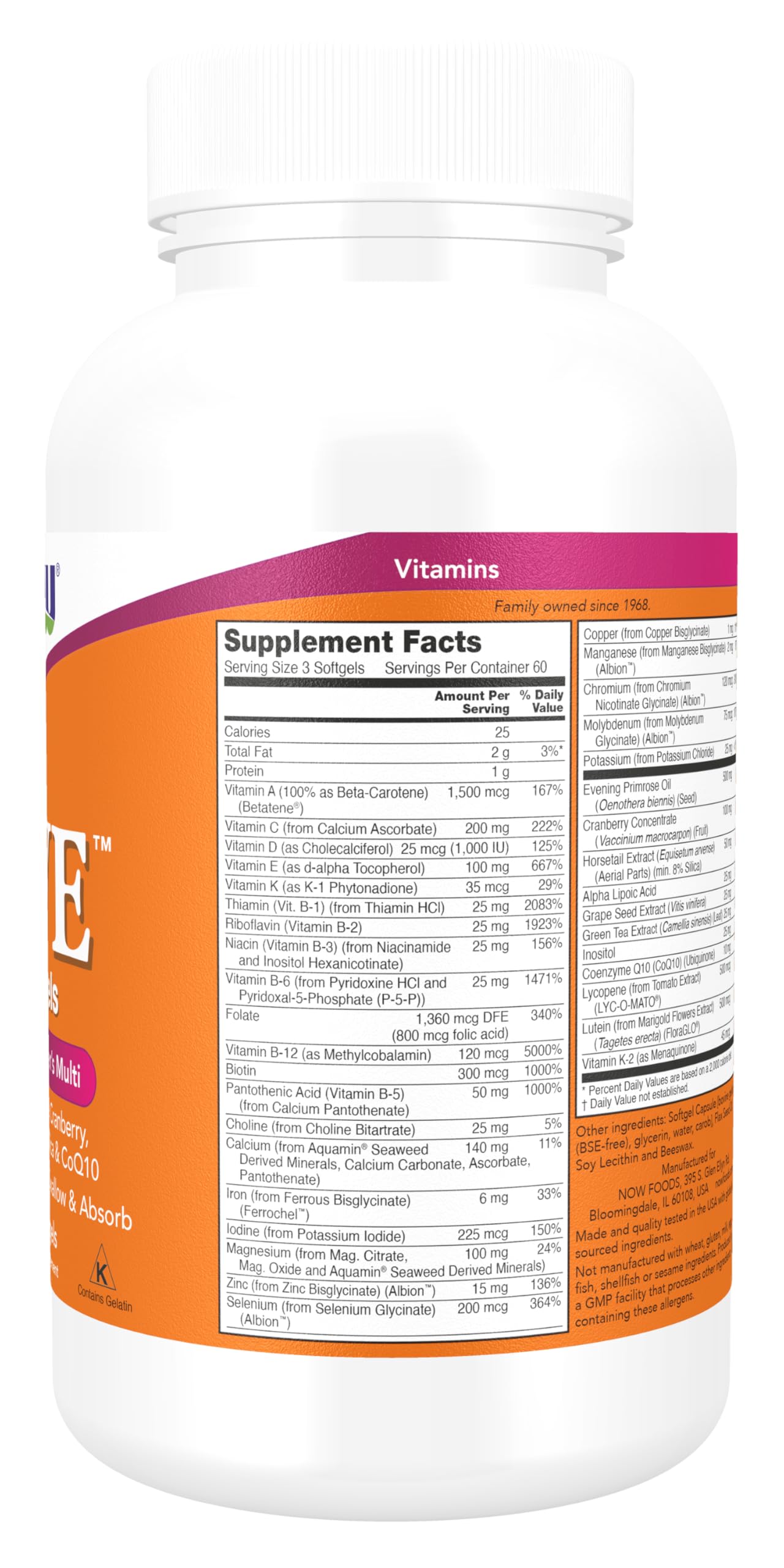 NOW Foods Supplements, Eve™ Women's Multivitamin with Evening Primrose, Cranberry, Green Tea, Horsetail Silica & CoQ10, 180 Softgels