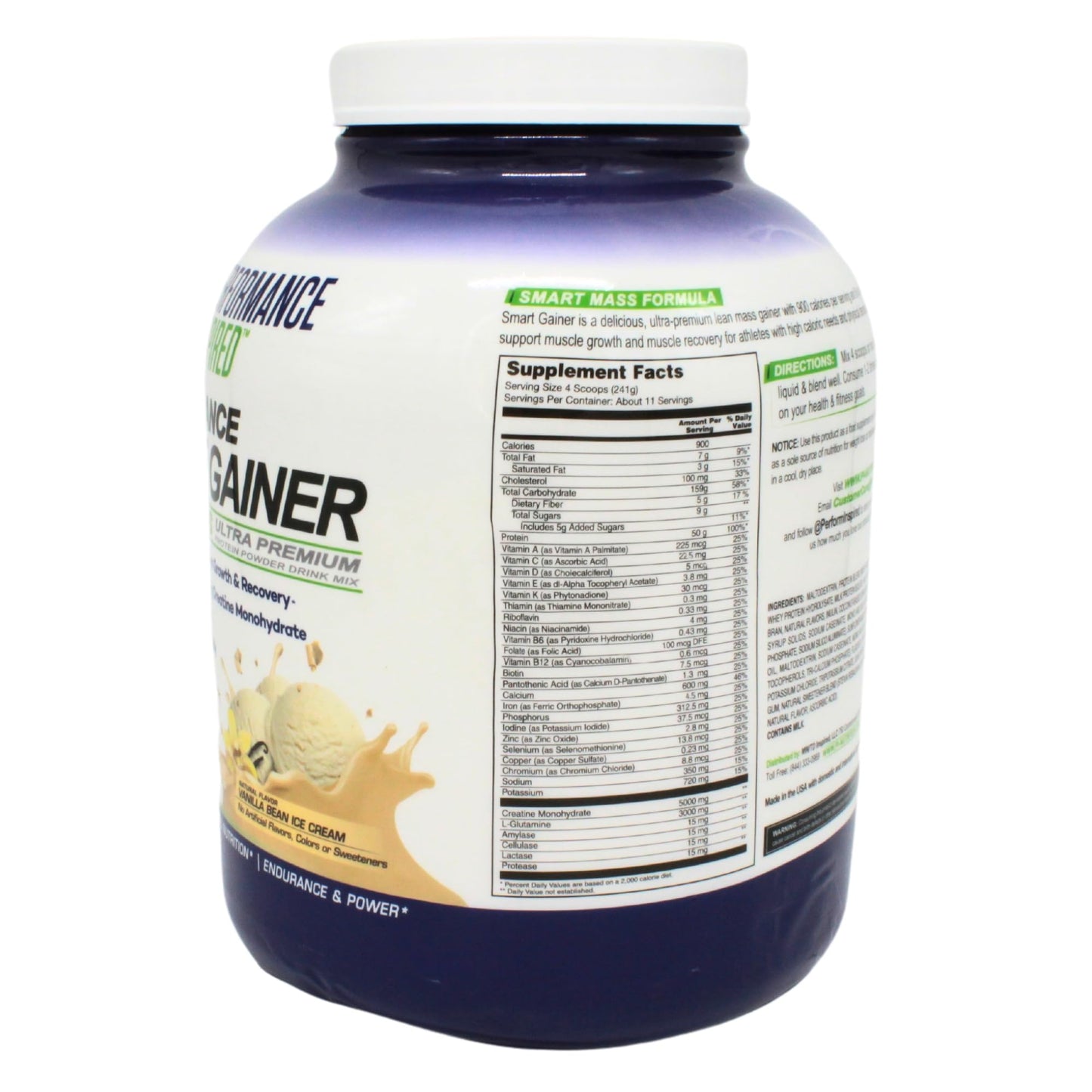 Performance Inspired Nutrition Smart Mass Gainer - 50G Protein, 900 Calories, Creatine, L-Glutamine & Digestive Enzymes - Muscle Growth & Recovery - Vanilla Bean Ice Cream - 6 lb
