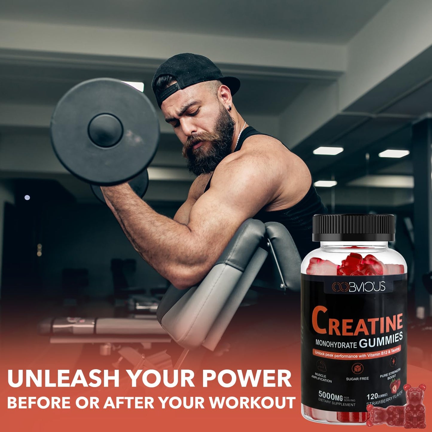 Creatine Monohydrate Gummies 240 for Men & Women- 5g, Sugar-Free Pre-Workout Gummy W/L-Taurine, Betaine Anhydrous, Alpha GPC, Vitamin B12, Chewable Gummies for Muscle Strength & Energy Boost (2 Pack)