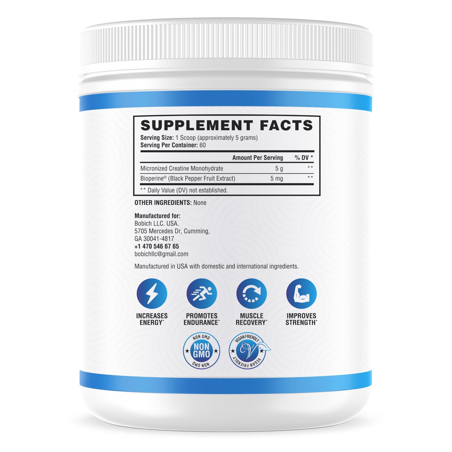 NutraScience Creatine Monohydrate Powder with BioPerine, Supports Lean Muscle Growth and Recovery, 60 Servings, 5000mg Per Serving, Unflavored, GMP sertified, Vegan Friendly, Non GMO