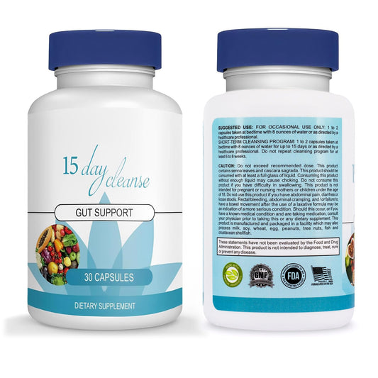 15 Day Gut Cleanse - Gut and Colon Support, 15 Day Advanced Bowel Cleanse with Senna, Cascara Sagrada & Psyllium Husk (30 Capsules)