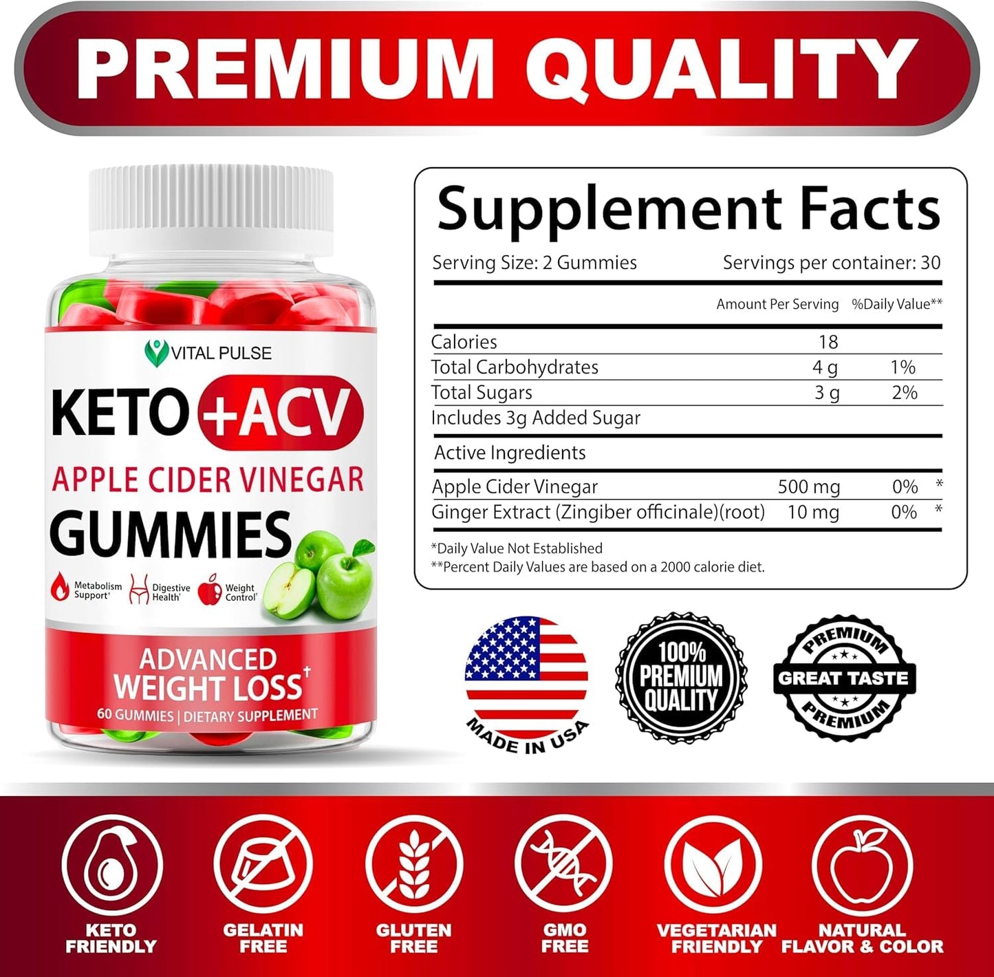 Vital Pulse Keto Apple Cider Vinegar Gummies for Immune Health & Digestion - Natural, Gluten-Free, Non-GMO - Made in The USA