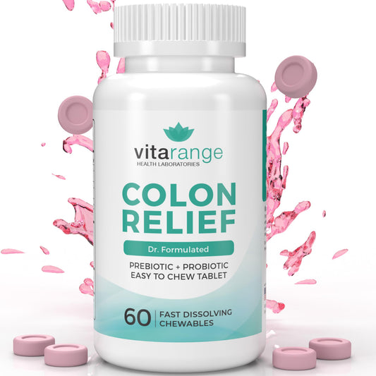 Colon Relief by VitaRange- Fast Constipation and Bloating Relief with Sunfiber Prebiotic Fiber and Pre + Probiotics for Digestive Health - 60 Chewable Strawberry Tablets - Doctor Formulated Probiotics