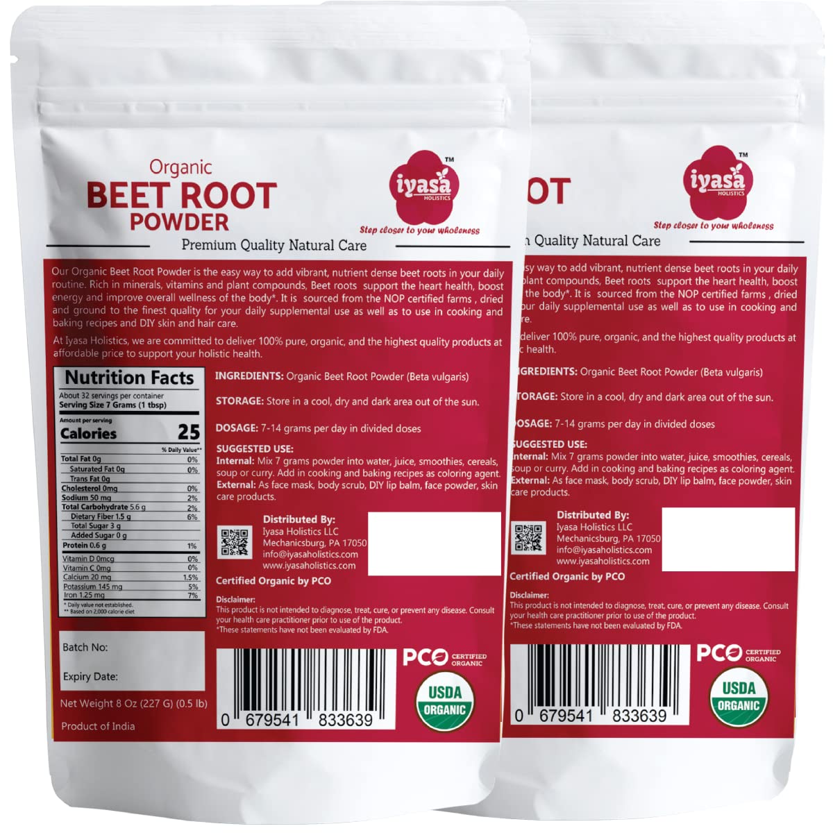 Iyasa Organic Beet Root Powder, Plant Based, Vegan, Gluten-Free, Beetroot Superfood, Nitric Oxide Boost, Pre Post Workout Supplement, Baking and Cooking 1 lb 16 oz 453 gm