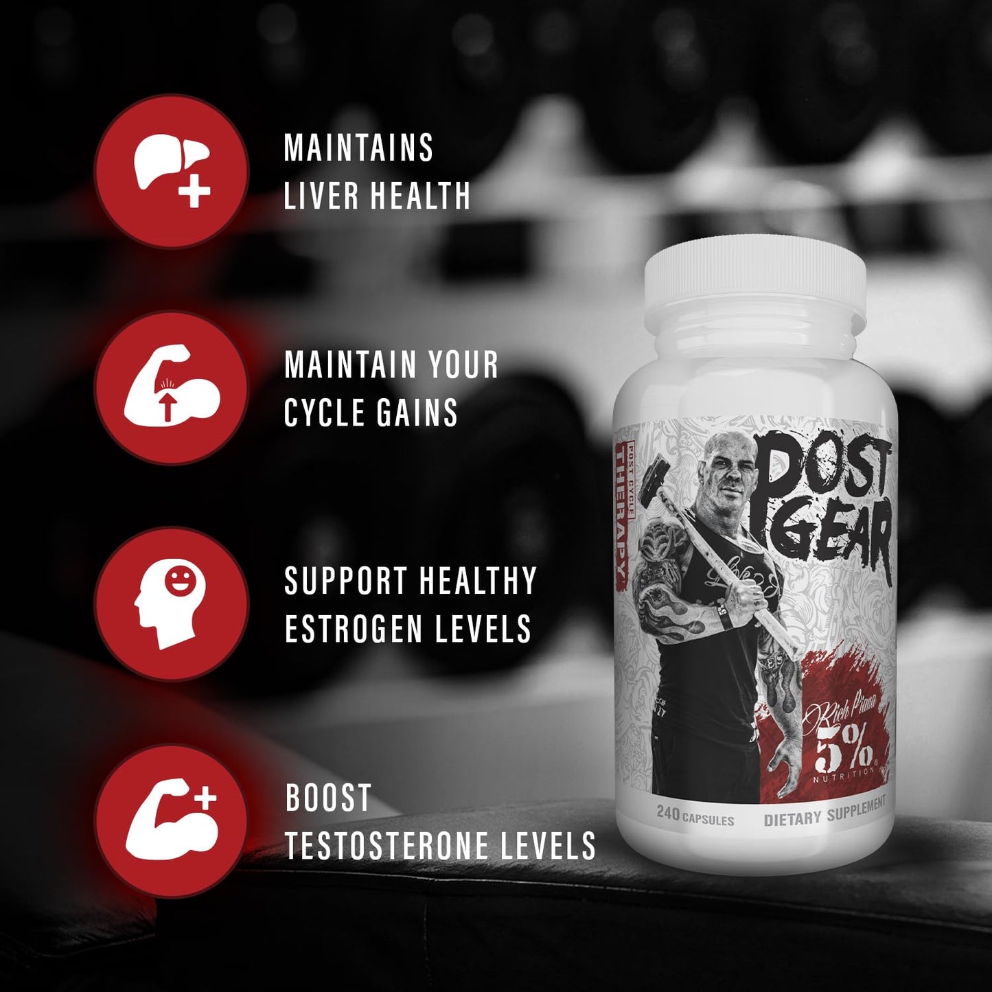 5% Nutrition Rich Piana Post Gear PCT Support Booster | Estrogen Blocker, Aromatase Inhibitor | Post Cycle Therapy Supplement | DAA, DIM, Longjack, Stinging Nettle, Milk Thistle, 240 Capsules