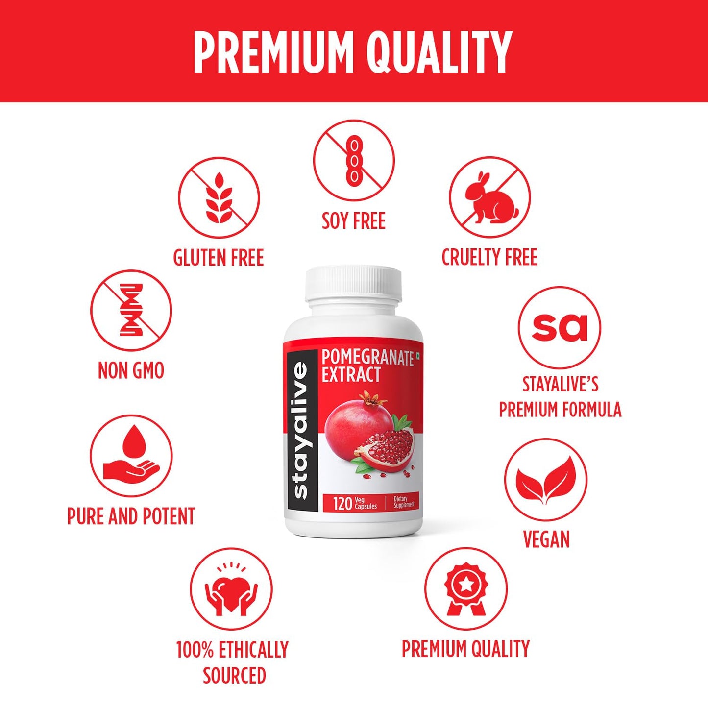 STAY ALIVE Pomegranate Extract Capsules, 20:1 Super Extract with 40% Ellagic Acid, 120 Count, Extra Strength Powder, All Natural Non-GMO and Gluten-Free Pomegranate Supplement for Women and Men