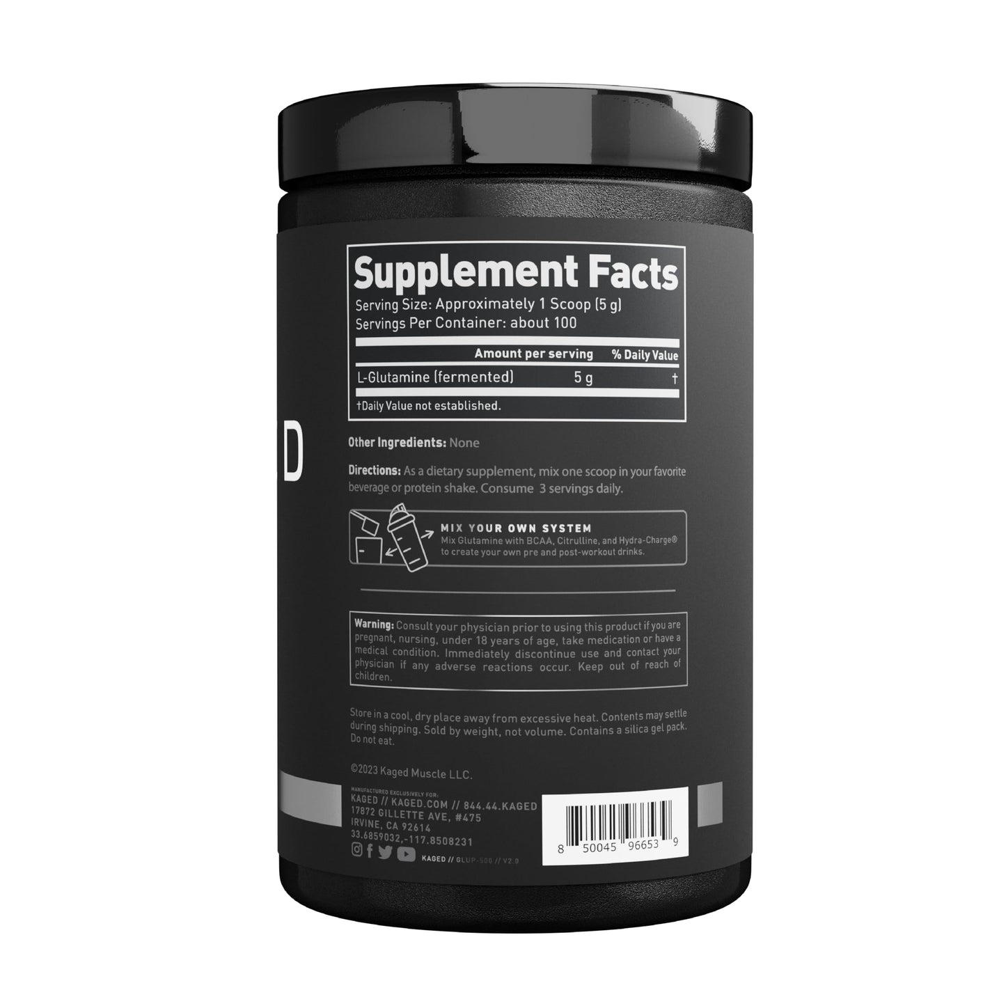 Kaged Muscle, L-Glutamine Powder 500 Gram, Vegan, Support Muscle Recovery, Post Workout, Glutamine, Banned-Substance Free, Unflavored, 100 Servings