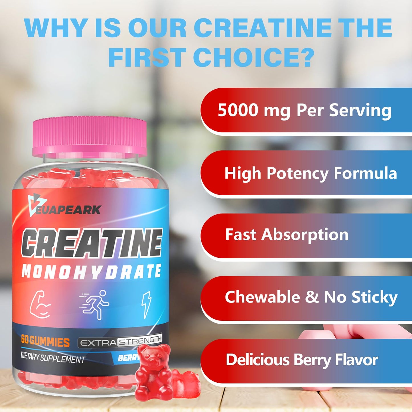 Creatine Monohydrate Gummies, Pre-Workout Chewables Supplement for Women and Men, Creatine Monohydrate with Taurine & B6 - for Muscle, Strength, Endurance & Energy, Vegan (Berry, 60 Gummies)