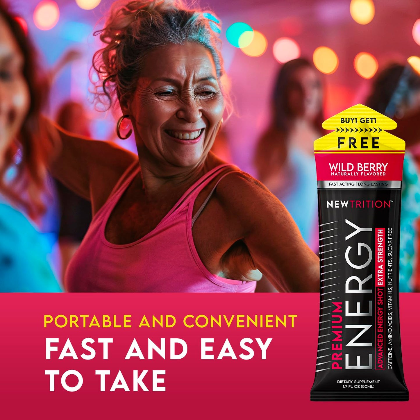 NewTrition Extra Strength Energy Shots, with Caffeine, Vitamin B & Amino Acids, Sugar-Free Vitamin Energy Shot, 1.7 fl oz, Wild Berry, 24 Count