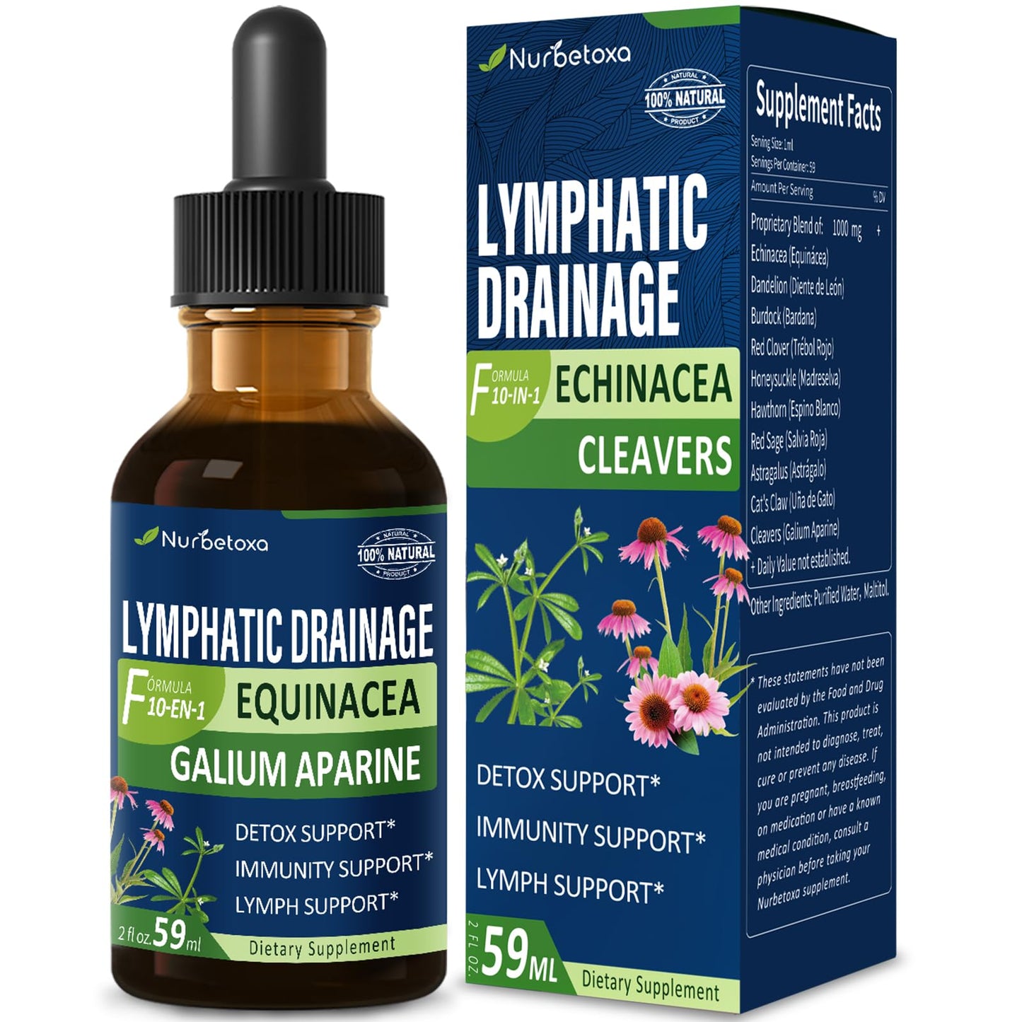 Nurbetoxa Cleavers Lymphatic Drainage Drops for Lymph System Detox Cleanse, Lymphedema Support Supplement Formula w/Echinacea, Cat’s Claw, Red Clover Extract Tincture, Use with Lymph Massage Tool. 2oz