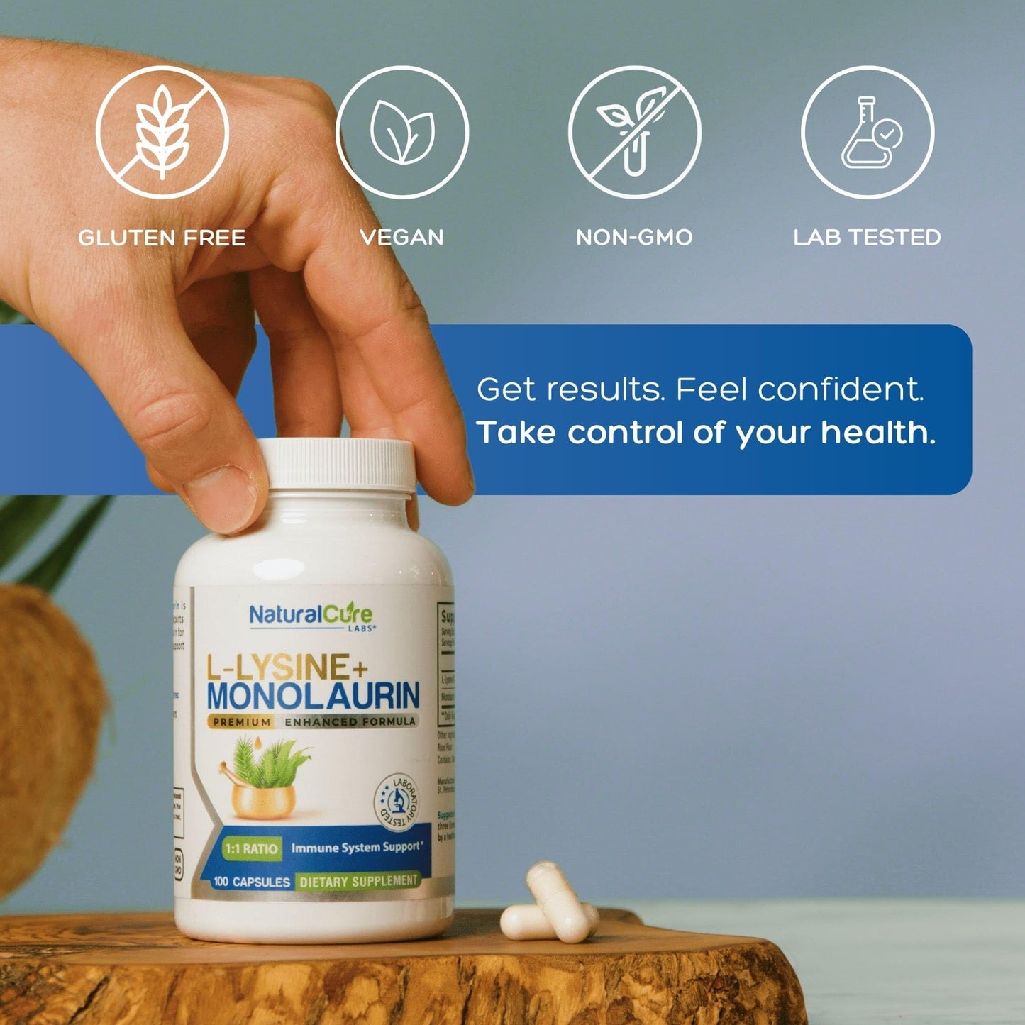 Natural Cure Labs L-Lysine + Monolaurin 600mg 1:1 Ratio, 100 Capsules