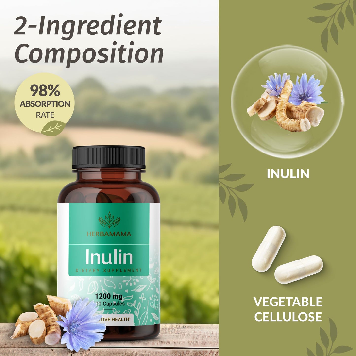HERBAMAMA Inulin Powder Capsules - 1200mg Inulin Prebiotic Fiber for Digestive Support & Gut Cleanse - Vegan, Non-GMO Chicory Root Powder Supplement, 100 Caps