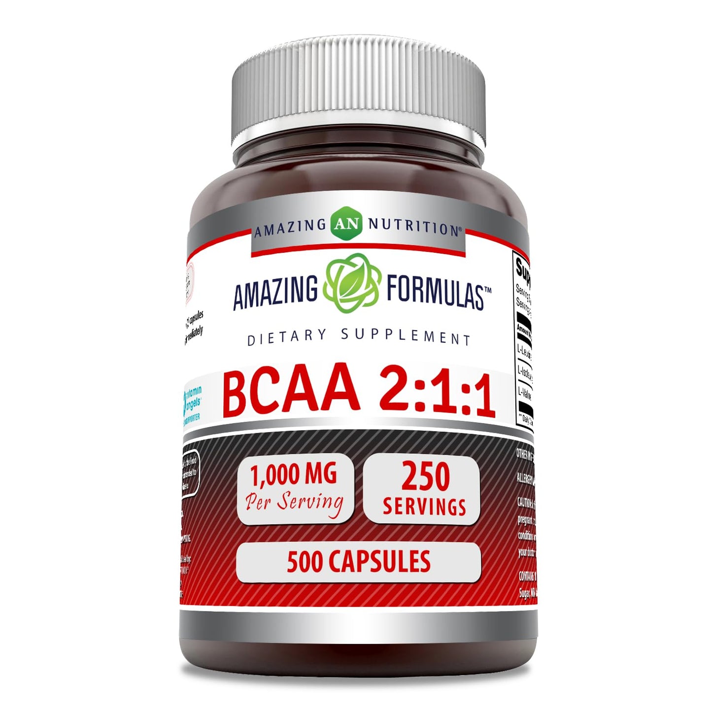 Amazing Formulas BCAA 2:1:1 1000 Mg Per Serving | Capsules | Branched Chain Amino Acids Supplement | Non-GMO | Gluten-Free | Made in USA (1 Pack, 500 Count)