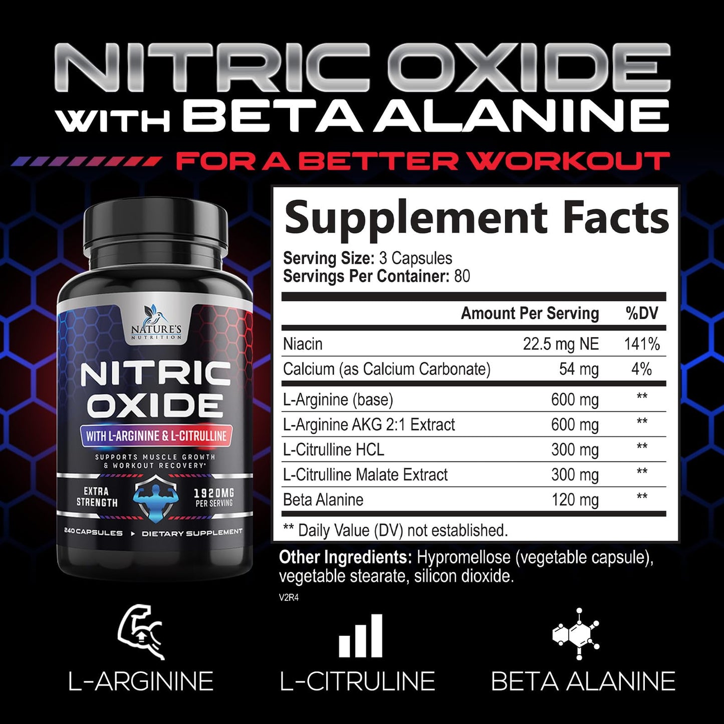 Nitric Oxide Booster Extra Strength - L Arginine 3X Strength Nitric Oxide Support Supplements for Men and Women, Citrulline Muscle, Heart Health, & Energy Support Supplement, Non-GMO - 240 Capsules