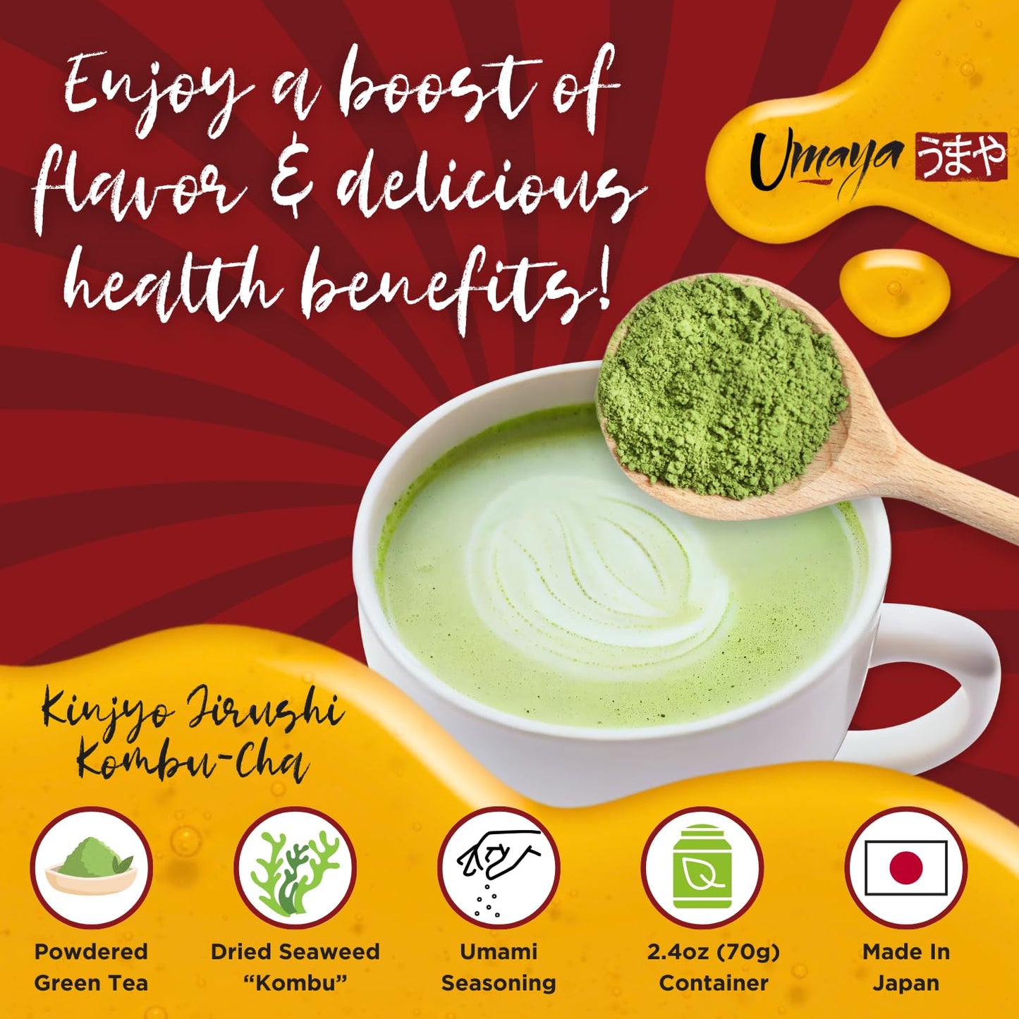 UMAYA  Kinjyo Jirushi KombuCha  Authentic Japanese Powdered Seaweed Tea  Savory Kelp Green Tea Drink Mix  Versatile Powder Adds UmamiRich Flavor To Food  24oz 70g