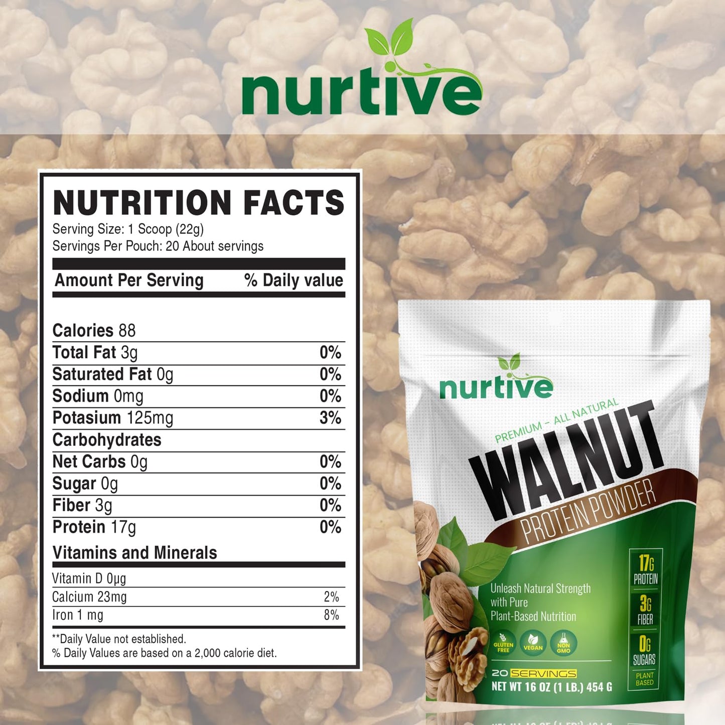 NURTIVE Walnut Protein Powder - Rich in Omega-3 & Plant-Based Protein - Antioxidant Boost - Ideal for Smoothies & Baking - Gluten Free, Vegan, Non GMO - 20 Servings (16 oz / 454 g)