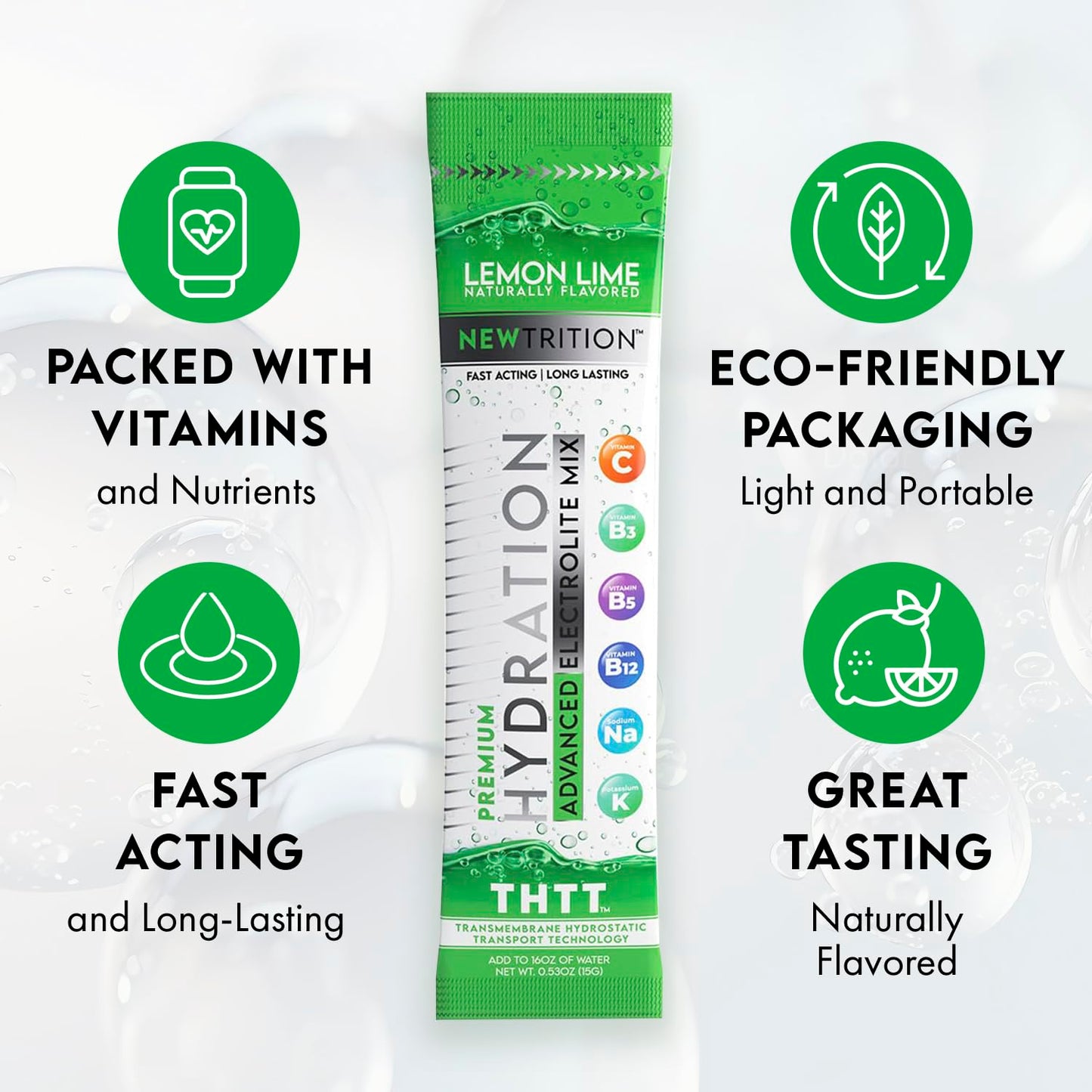 NewTrition Hydration Powder, Electrolyte Powder Packets, Naturally Flavored Hydrating Packets for Water, Fast Acting Hydrate Electrolytes with Vitamins C & D, Lemon Lime, 12 Servings