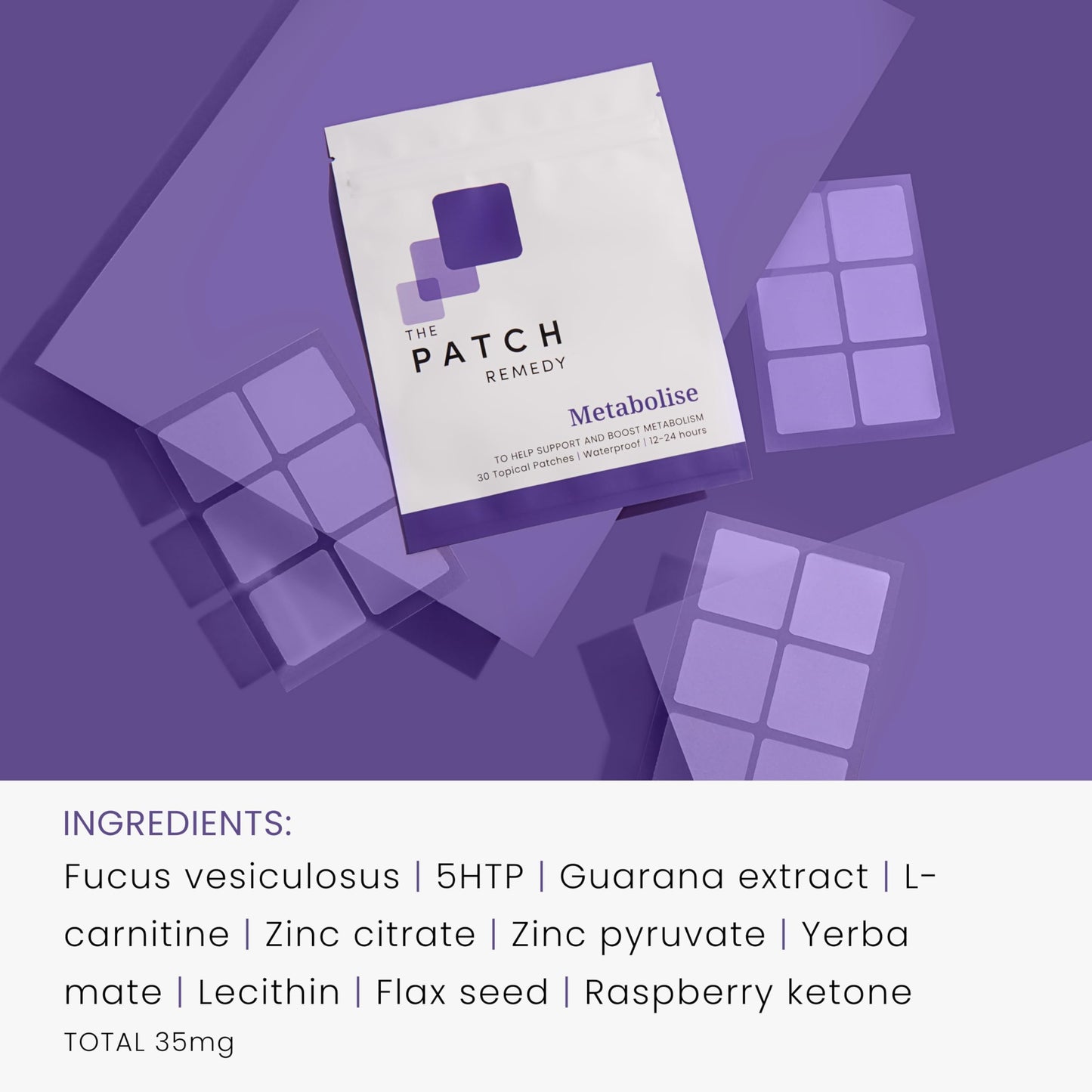 The Patch Remedy Metabolise Patches | 30 Topical Patches | Waterproof | Ingredients Including 5HTP, Guarana Extract, L- carnitine and Lecithin | Lasts 12-24 Hours