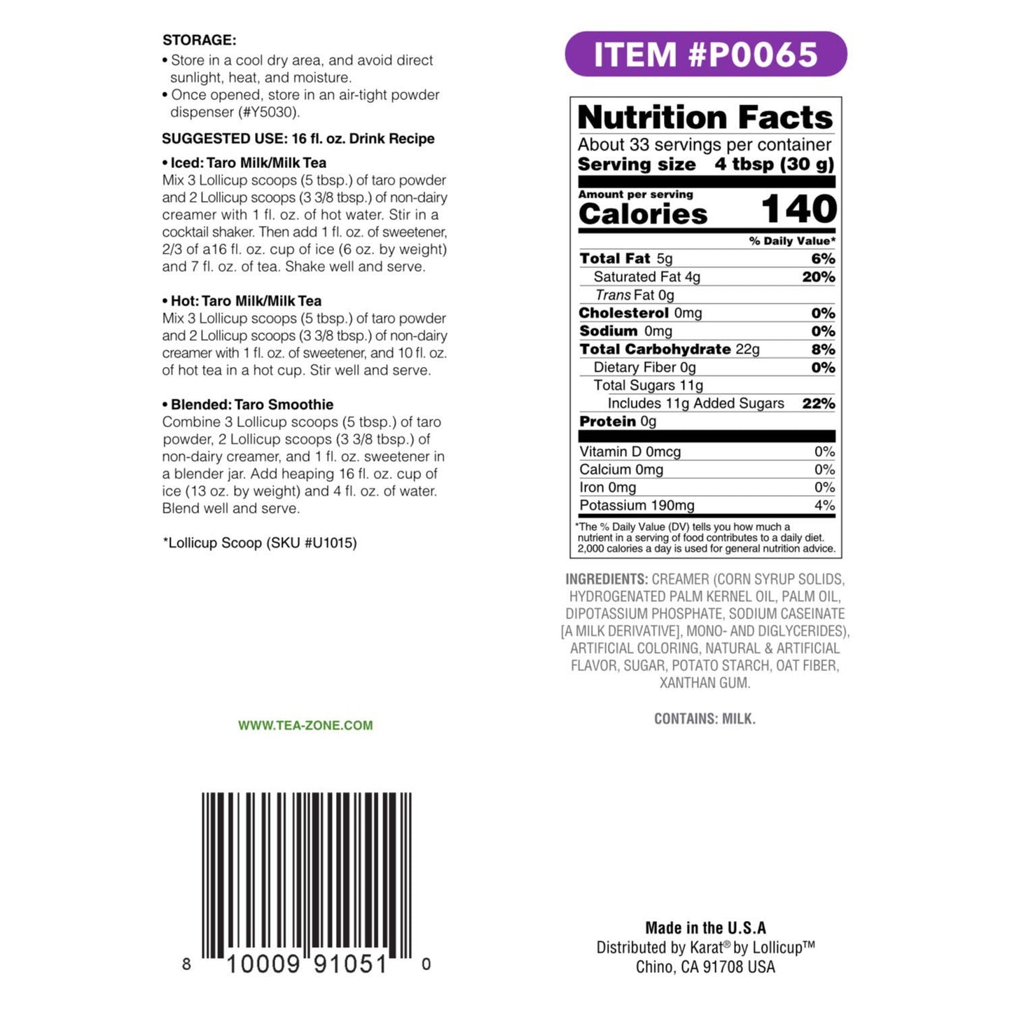 Tea Zone Taro Powder Made in USA  22 lbs