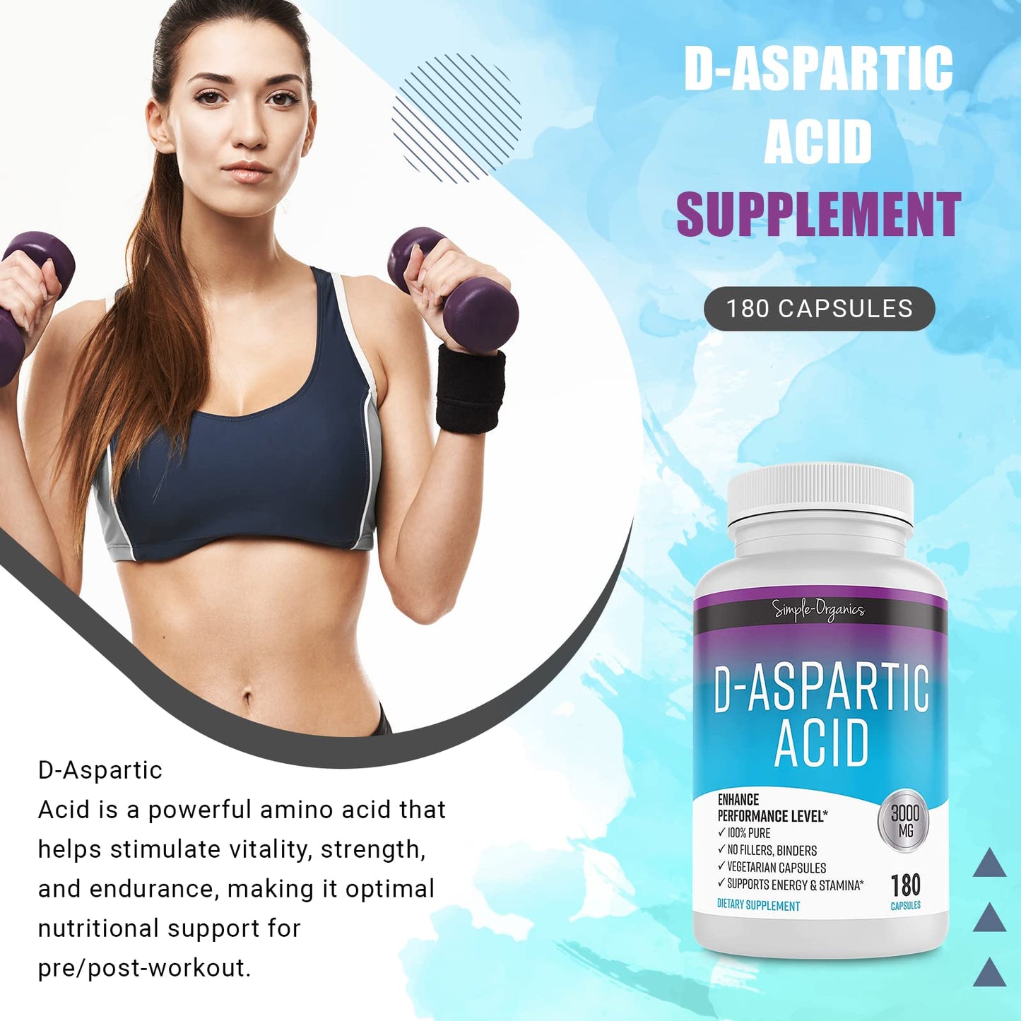 Simple-Organics D-Aspartic Acid Supplement, No Gluten, Binders or Fillers, Dietary Pills for Energy Support, 3000mg D-Aspartic Acid per Serving, 180 Non-GMO Vegan Capsules