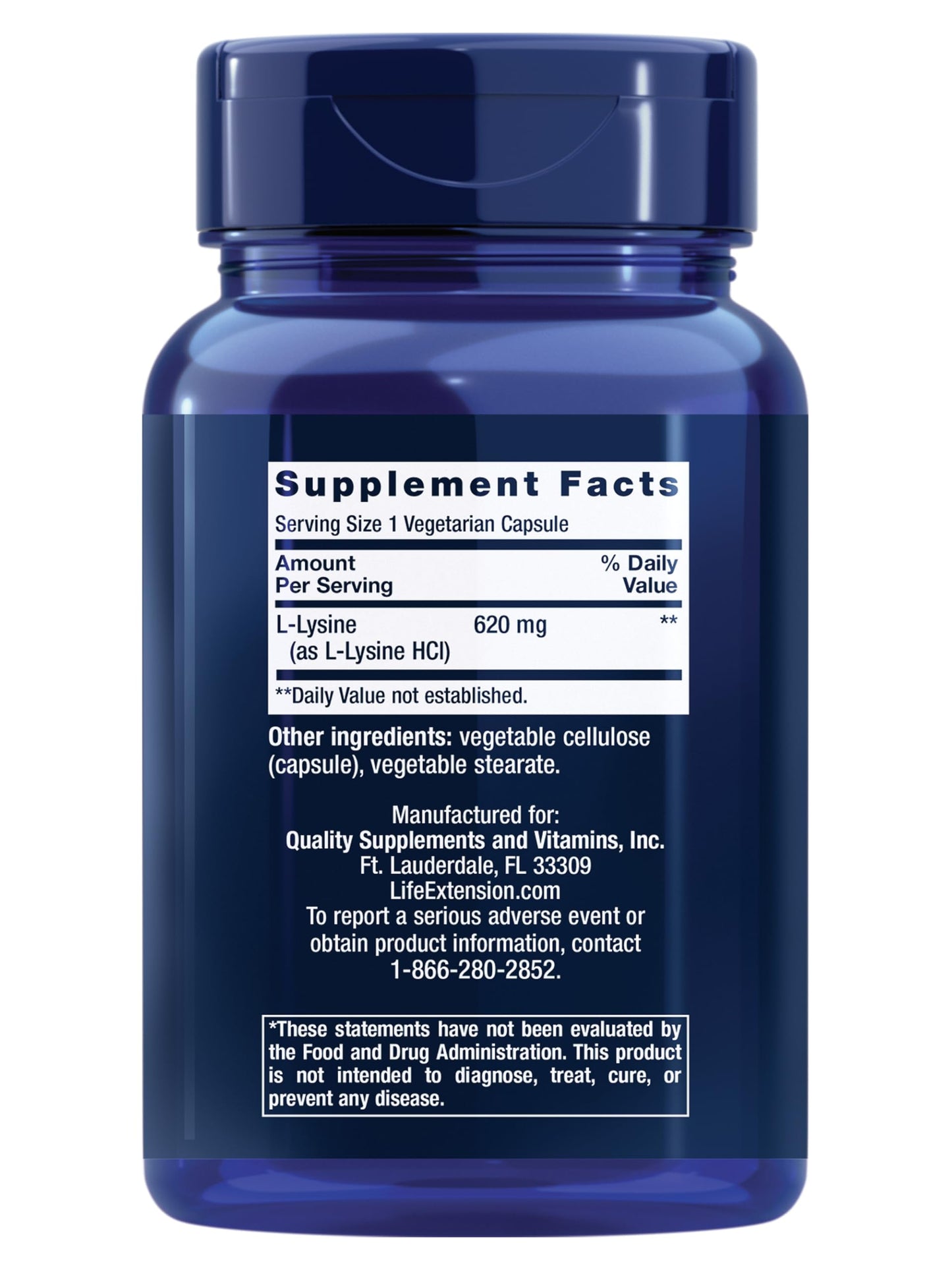 Life Extension L-Lysine, 620 mg, Essential Amino Acid for Healthy nitrogen Balance, Calcium Metabolism, Stress Response & More, Gluten-Free, Non-GMO, Vegetarian, 100 Capsules