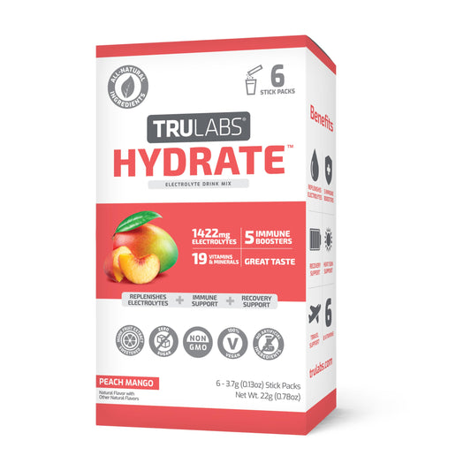 TRULABS Hydrate Peach Mango 6ct. Sugar Free Electrolytes Hydration Packets. Each Serving Contains 1422 mg of Electrolytes &19 Vitamins & Minerals.