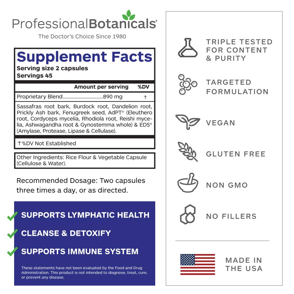 Professional Botanicals - Lymph Detox All-Natural Vegan Lymphatic Drainage Detox Cleanse Support Supplement - 90 Vegetarian Capsules