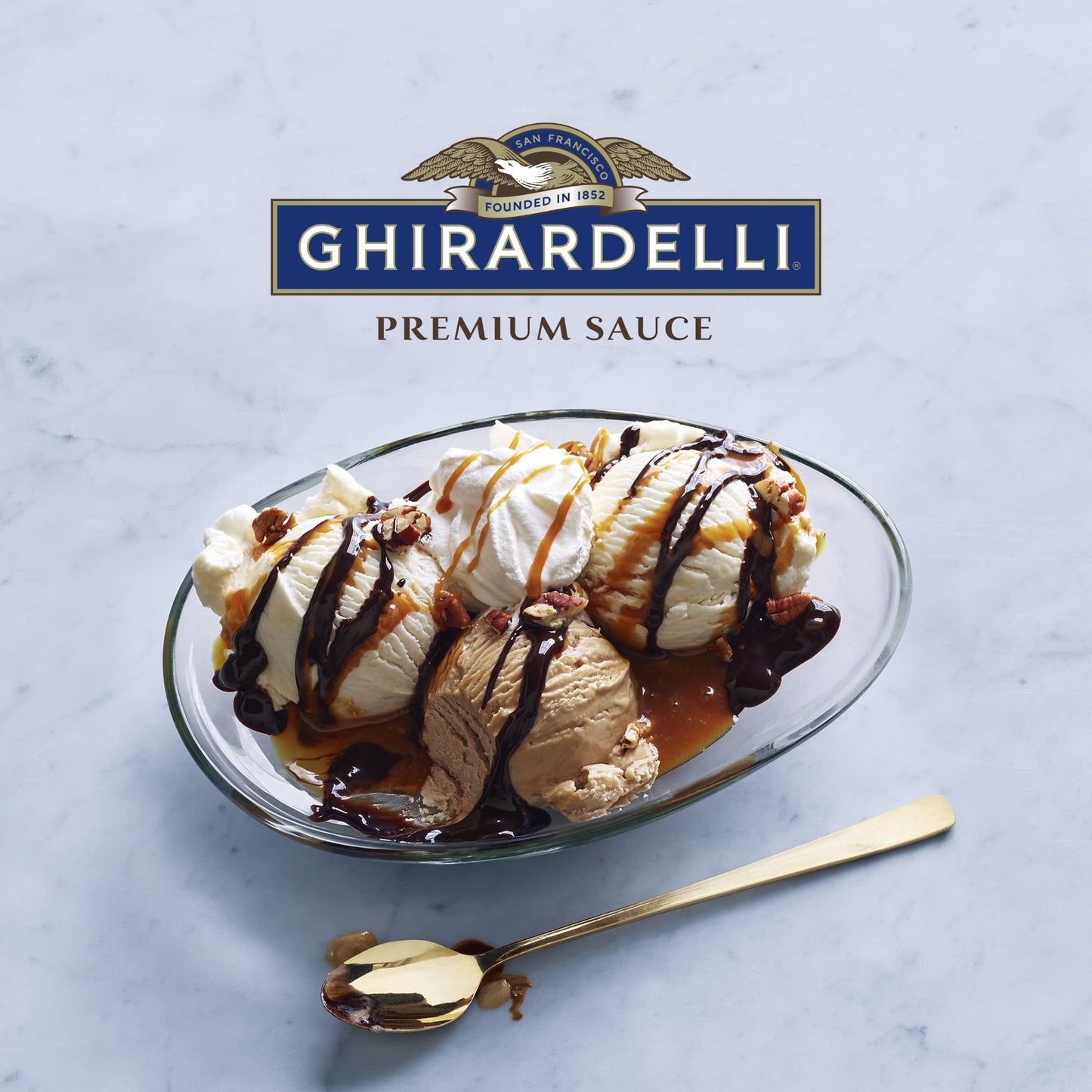 Ghirardelli Sea Salt Caramel and Chocolate Flavored Sauce 16 oz Squeeze Bottles Pack of 2 with Ghirardelli Stamped Barista Spoon