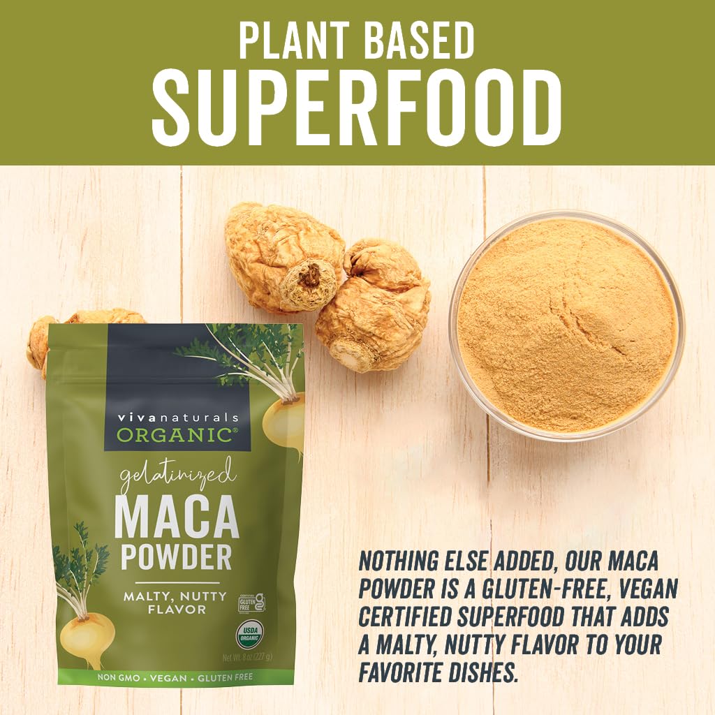 Viva Naturals Organic Maca Powder  Gelatinized Maca Powder Organic Vegan and Kosher Peruvian Superfood  Certified USDA Organic GlutenFree  NonGMO 8 oz Resealable Bag