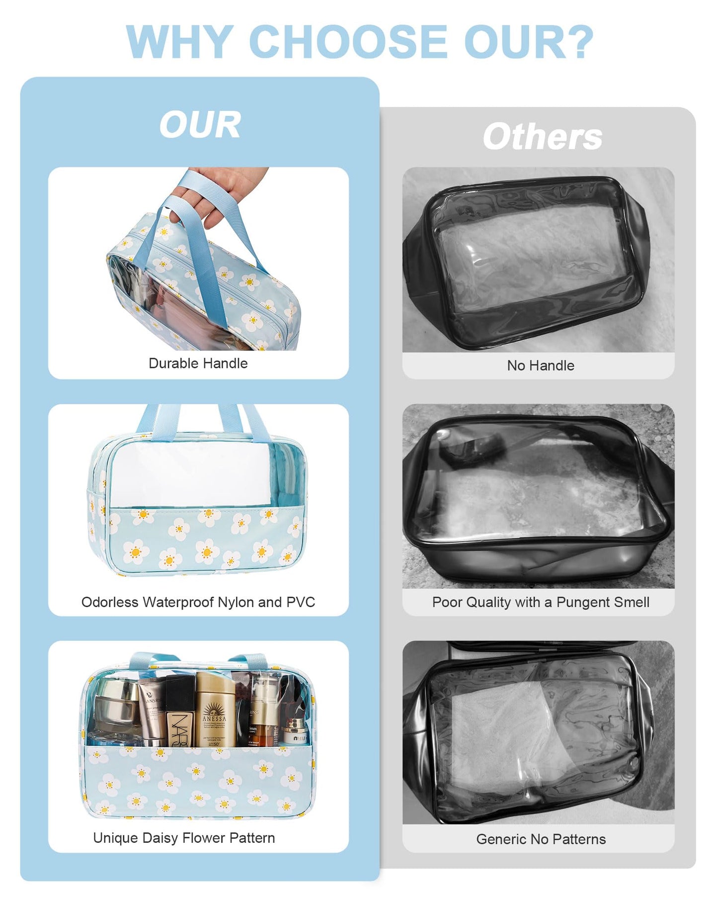 Rolybag Clear Makeup Bag, TSA-Approved Travel Toiletry Bag for Women Men, Carry-On Cosmetic Bag, Waterproof Quart Size Organizer Tote Purse Pouch with Handle Zipper Travel Essentials Accessories