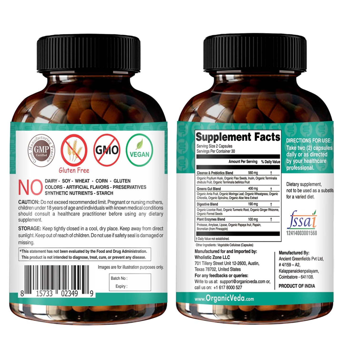 Super Greens Total Gut Health, Digestion & Colon Cleanse Supplement - All in One Organic superfoods, Turmeric, Papaya, Chlorophyll, Moringa, Psyllium Husk, Triphala, Digestive Enzymes - 60 Capsules