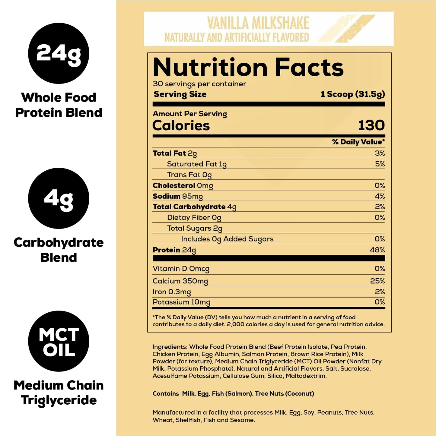 REDCON1 MRE Lite Whole Food Protein Powder, Vanilla Milkshake - Low Carb & Whey Free Meal Replacement with Animal Protein Blends - Easy to Digest Supplement Made with MCT Oils (30 Servings)