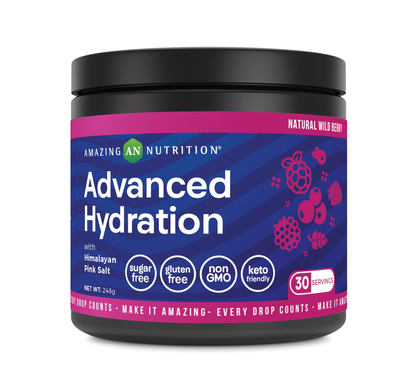 Amazing Nutrition Advanced Hydration, Electrolyte Powder 30 Servings | Packed with Essential Minerals | Sugar-Free | Keto Friendly | Non-GMO | Gluten-Free (Natural Wild Berry)